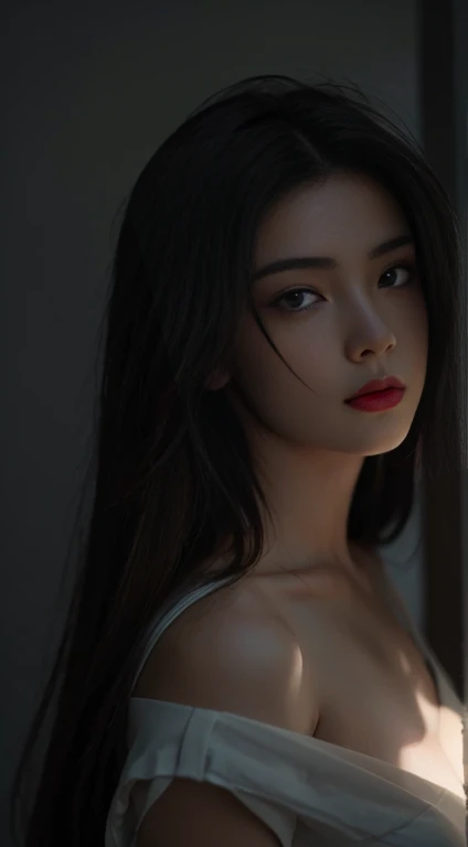 best quality, Masterpiece, Ultra high resolution, (realistic:1.5), raw photos, 1 girl,, in the dark, deep shadow, low voice, cool light, sexy look, long straight hair, smooth ,not wearing clothes ,  sexy , leaf shadow, sheer