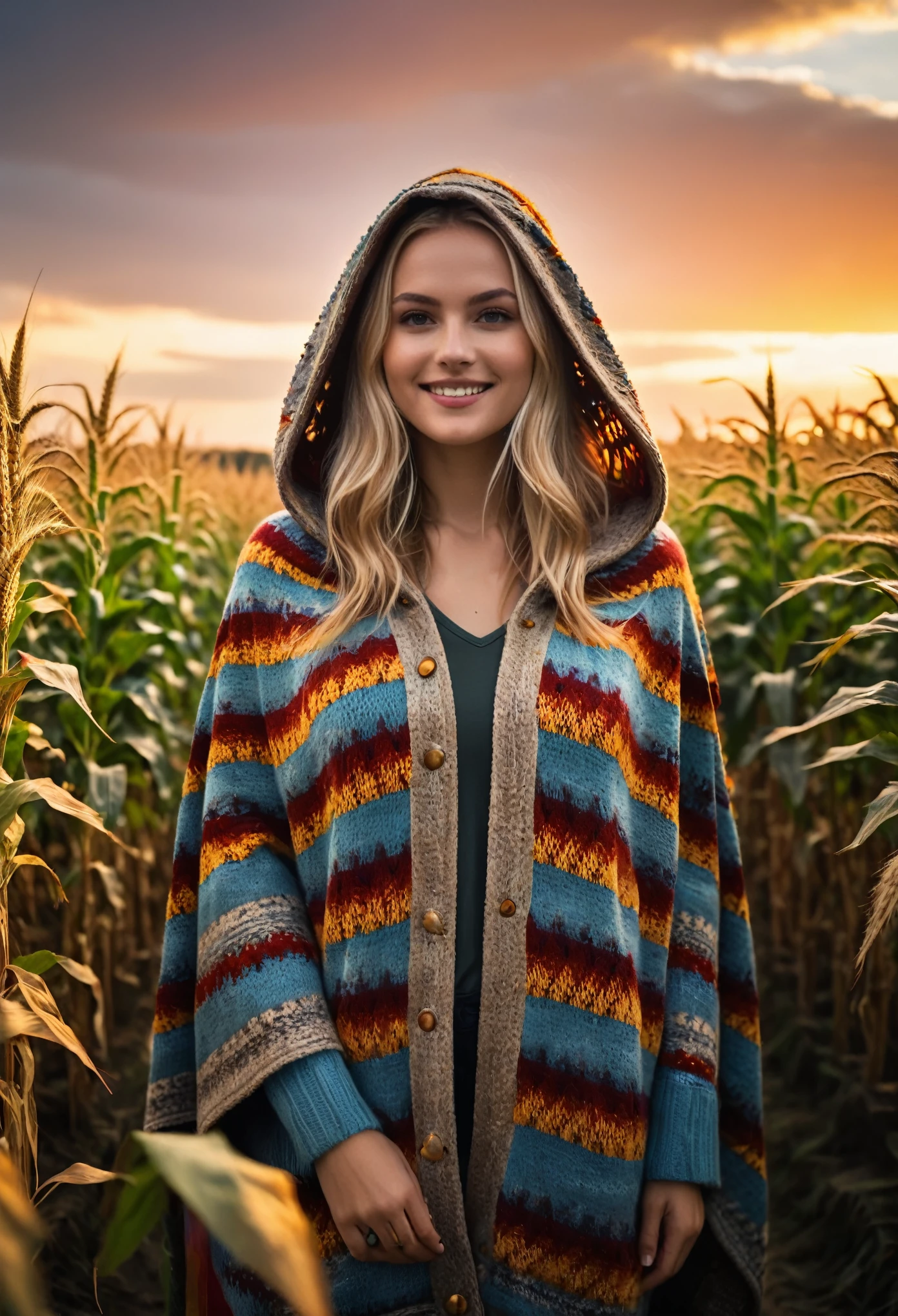 cinematic photo Create a vivid description capturing the essence of a slender blond hippy women with wearing a boldly patterned chunky knit hooded Cape, It gazes directly at the camera, in a festival field pf tall golden corn. The surreal scene is further enhanced as her long hair seamlessly merges with the vibrant background. raw photo, a red sunset landscape, photorealistic, high detailed texture, 8k uhd, dslr, soft lighting, high quality, film grain, Fujifilm XT3, highly detailed photography, (muted colors, cinematic, dim colors, soothing tones:1.2), vibrant, insanely detailed, hyperdetailed, (dark shot:1.2), (vsco:0.3), (intricate details:0.9), (hdr, hyperdetailed:1.2) atmospheric haze, Film grain, cinematic film still, shallow depth of field, highly detailed, high budget, cinemascope, moody, epic, OverallDetail, gorgeous, 2000s vintage RAW photo, photorealistic, candid camera, color graded cinematic, eye catchlights, atmospheric lighting, skin pores, imperfections, natural, shallow dof, cinematic photorealistic, 8k uhd natural lighting, raw, rich, intricate details, key visual, atmospheric lighting, 35mm photograph, film, bokeh, professional, 4k, highly detailed . 35mm photograph, film, bokeh, professional, 4k, highly detailed-, smiling.