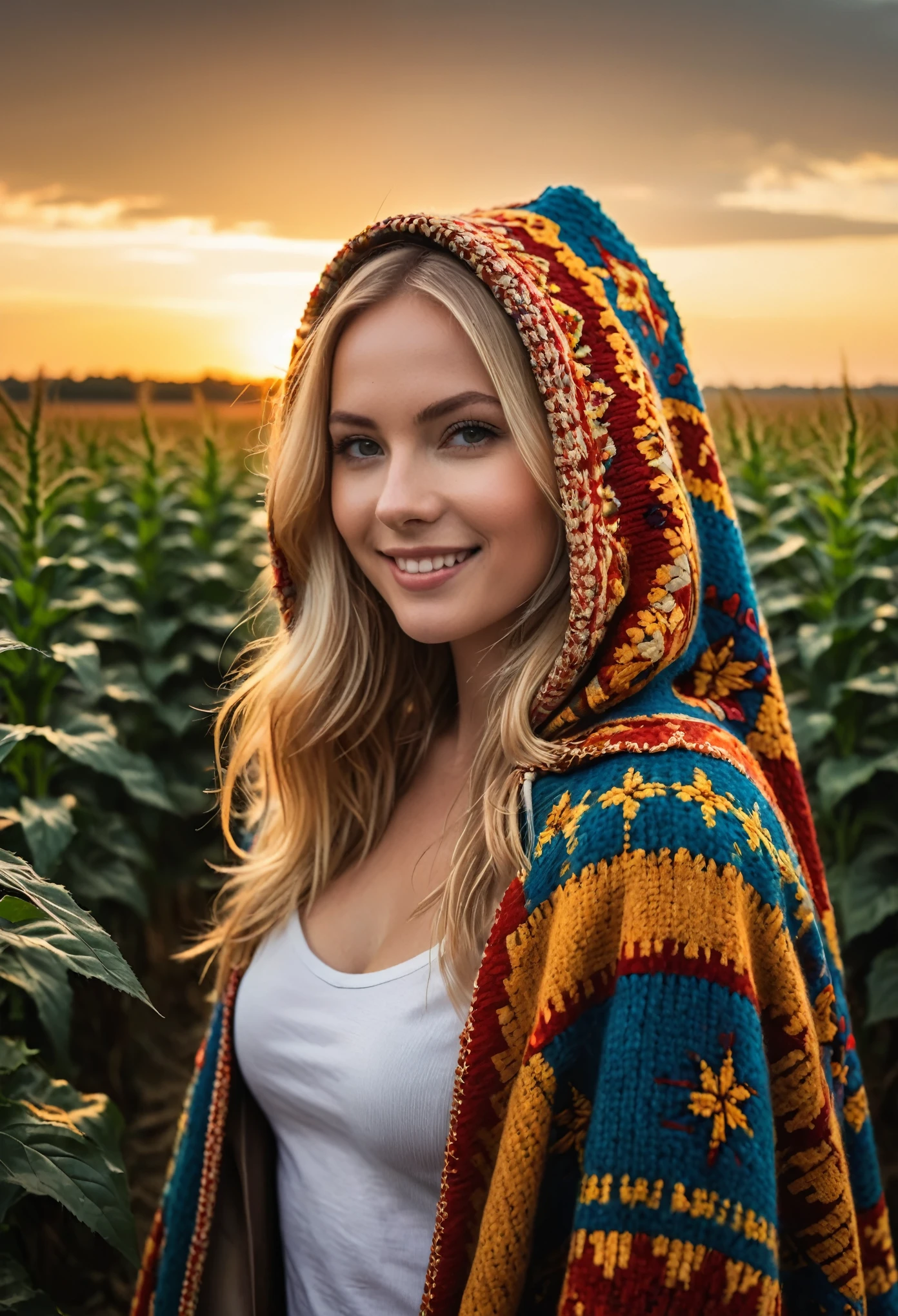 cinematic photo Create a vivid description capturing the essence of a slender blond hippy women with wearing a boldly patterned chunky knit hooded Cape, It gazes directly at the camera, in a festival field pf tall golden corn. The surreal scene is further enhanced as her long hair seamlessly merges with the vibrant background. raw photo, a red sunset landscape, photorealistic, high detailed texture, 8k uhd, dslr, soft lighting, high quality, film grain, Fujifilm XT3, highly detailed photography, (muted colors, cinematic, dim colors, soothing tones:1.2), vibrant, insanely detailed, hyperdetailed, (dark shot:1.2), (vsco:0.3), (intricate details:0.9), (hdr, hyperdetailed:1.2) atmospheric haze, Film grain, cinematic film still, shallow depth of field, highly detailed, high budget, cinemascope, moody, epic, OverallDetail, gorgeous, 2000s vintage RAW photo, photorealistic, candid camera, color graded cinematic, eye catchlights, atmospheric lighting, skin pores, imperfections, natural, shallow dof, cinematic photorealistic, 8k uhd natural lighting, raw, rich, intricate details, key visual, atmospheric lighting, 35mm photograph, film, bokeh, professional, 4k, highly detailed . 35mm photograph, film, bokeh, professional, 4k, highly detailed-, smiling.