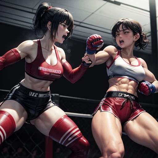 dynamic action. She is suffering. She is cornered in a wire fence, badly beaten by her opponent. she is dominated by her opponent. She is wearing a sports-bra andhigh-leg shorts. Her opponent tries to kill her with a powerful punch. The girls are exhausted. Two young and beautiful Japanese female mixed martial artists are fighting in the octagon. They are smashing their fists against their opponents' bodies. They are covered in blood. Their mouths open, drooling, one eye closed, gasping for air. They are sweating profusely. Short-cut black hair. Open finger gloves. Erect nipples. Super big tits. Muscular. Six pack abs. Very thick arms and thighs.