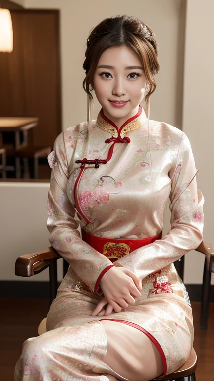 Realistic, masterpiece, Highest quality, Highest Resolution, Anatomically correct, Accurate Anatomy, 7 heads, Height: 165cm, One Japanese woman, profile, Staring at the audience, Smiling with an open mouth, Staring at the audience, Fine and beautiful eyes, Sparkling eyes, Thin eyebrows, Gives lashes a delicate finish, False eyelashes, (Chinese traditional makeup:1.2), (Dumpling+Braided hair, Blunt bangs, Brown Hair:1.2), Detailed face, Sharp Eyes, (Traditional Chinese Dress, Clothes that fit snugly to the body, Random Color:1.3), Upper body photo, Background like ink painting