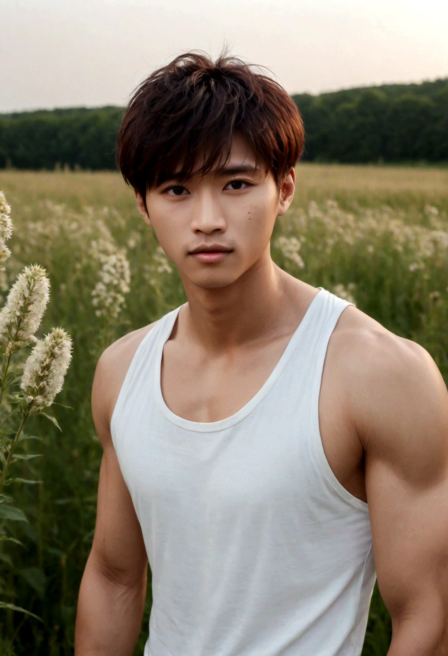 A handsome korean boy with flowers, 25 years old, brown spiky hair, light hazel brown eyes, masculine pose standing in a meadow, mysterious lighting, muscular physique, looking into the camera, upper body close up, polish, 8k UHD, SLR camera, soft lighting, high quality, film grain, Fujifilm XT3