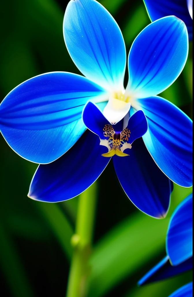 a close up of a blue flower with a budding, rich blue colors, beautiful black blue yellow, vibrant blue, beautiful detail and color, rich blue color, blues. beautiful, blue and black color scheme)), beautiful!!!!!!!!!, orchid, glowing blue, rich azure tones, vibrant but dreary blue, blue flowers, beautiful flower, an orchid flower, beautiful detail