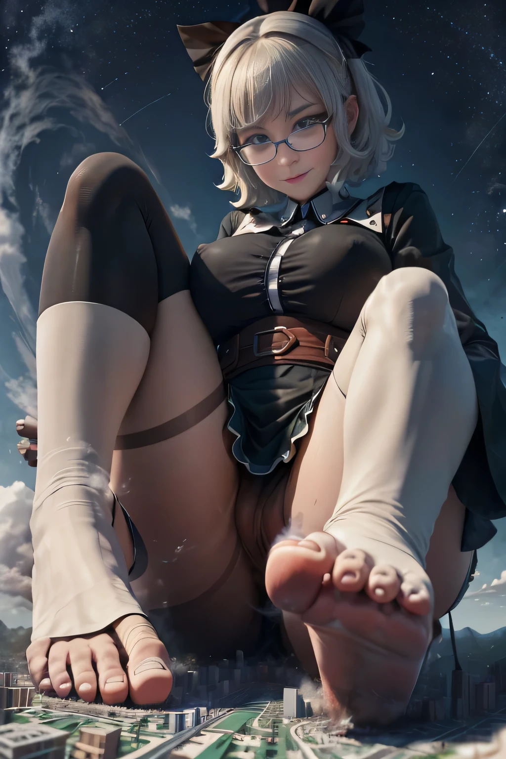 giantess art, highly detailed giantess shots, giantess, Two legs, Five fingers, short hair, A beautiful girl who is bigger than a skyscraper, Wearing rimless glasses, smile, Big Breasts, Maid clothes, Black Pantyhose, black pantyhose, no shoes on, toes visible through pantyhose, Steam coming out from the soles of my feet, Destroying cities, A very small big city, Miniature metropolis, Full body description, GTS, giga giantess, stomping city, crash city, tiny city, micro city, pantyhose feet, High resolution, highest quality, masterpiece, Maid, maid, transparent bodystocking, 