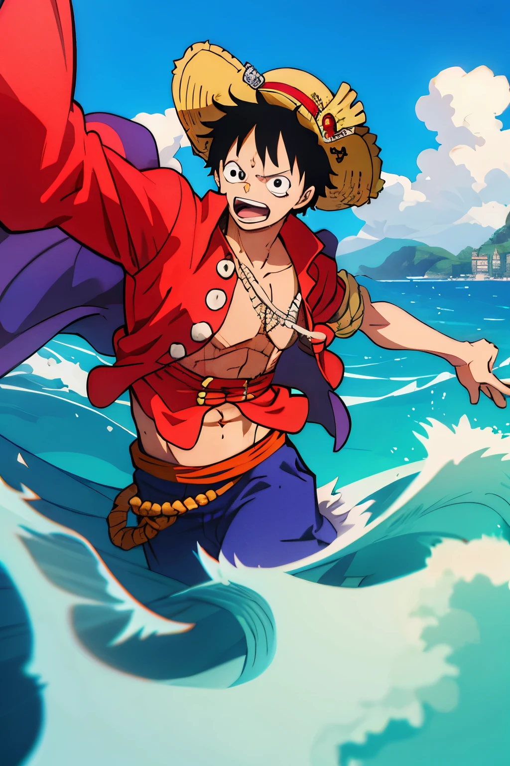 pirate, Luffy from One Piece, action pose, best quality, masterpiece, dynamic lighting, bustling pirate town, blue seas, white clouds, high level of detail, intricate clothing, wide-brimmed hat, striped shirt, cel-shaded art style, muscular physique, expressive facial features, bold colors, sharp focus, realistic rendering, high-resolution, vibrant details, capture the spirit of the series.