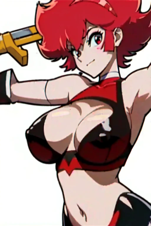 ((Masterpiece, top quality, high resolution)), ((highly detailed CG unified 8K wallpaper)), (huge stunning goddess shot, very hot and sexy, jaw-dropping beauty, perfect proportions, beautiful body, slim body beauty:1.1), 1 girl, cuty honey, Red hair, short hair, big eyes, staring at camera, red top, cleavage cutout, black pantyhose, choker with heart symbol, elbow gloves, boots, holding saber, dynamic pose, action pose, (simple background, white background:1.5), 