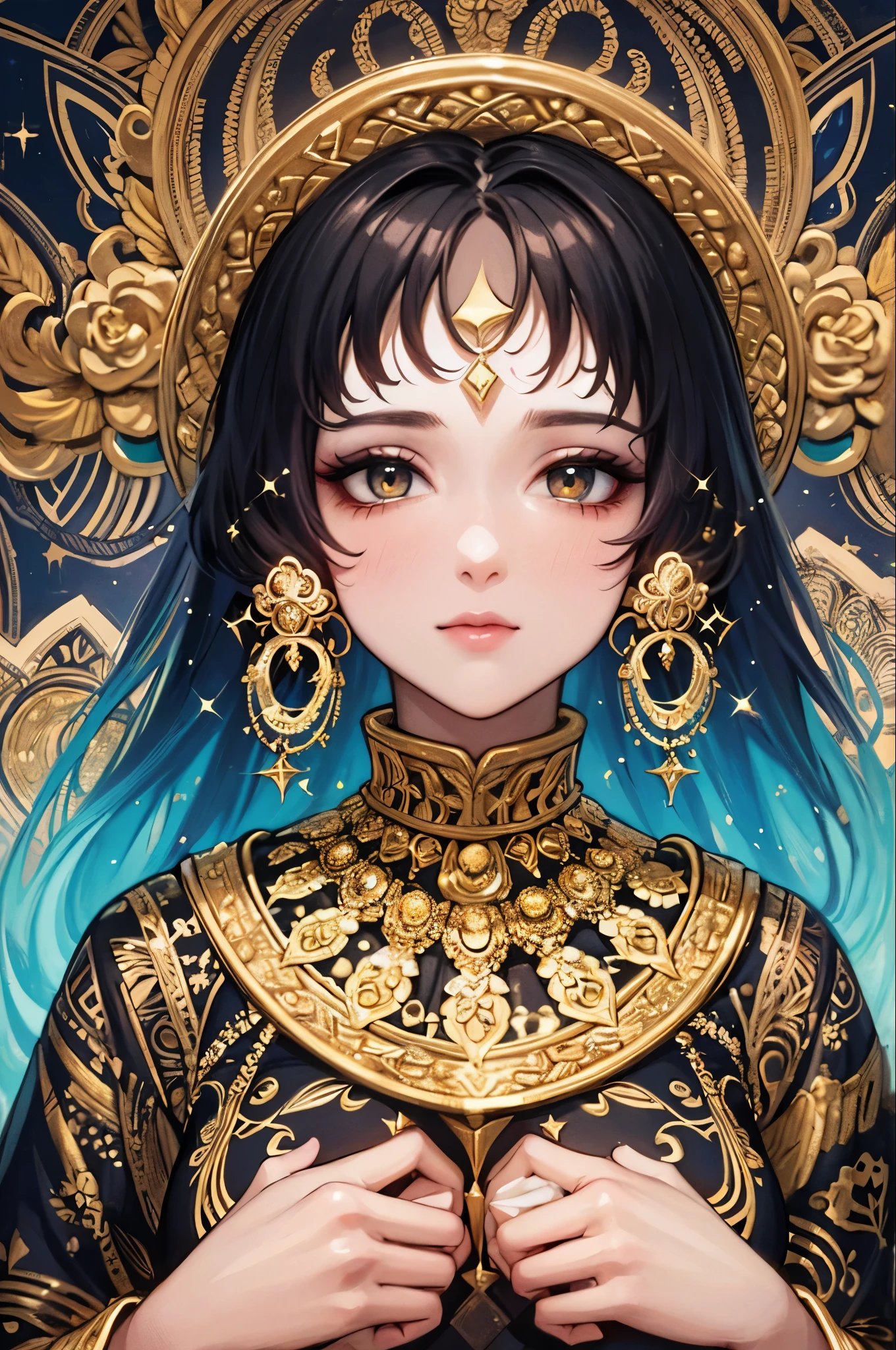 Perfect NwsjMajic,(masterpiece, highest quality, highest quality, Official Art, beautiful and aesthetic:1.2), (One girl), Very detailed,colorful,Most detailed, Official Art, unity 8k wallpaper, Super detailed, beautiful and aesthetic, beautiful, masterpiece, highest quality, (zenTangle, Mandala, Tangle, enTangle) ,Holy Light,Gold foil,Gold leaf art,Sparkly Painting,