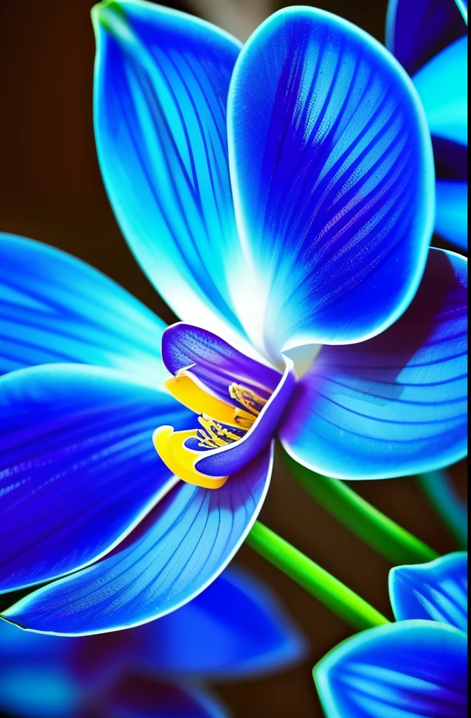 a close up of a blue flower with a budding, rich blue colors, beautiful black blue yellow, vibrant blue, beautiful detail and color, rich blue color, blues. beautiful, blue and black color scheme)), beautiful!!!!!!!!!, orchid, glowing blue, rich azure tones, vibrant but dreary blue, blue flowers, beautiful flower, an orchid flower, beautiful detail