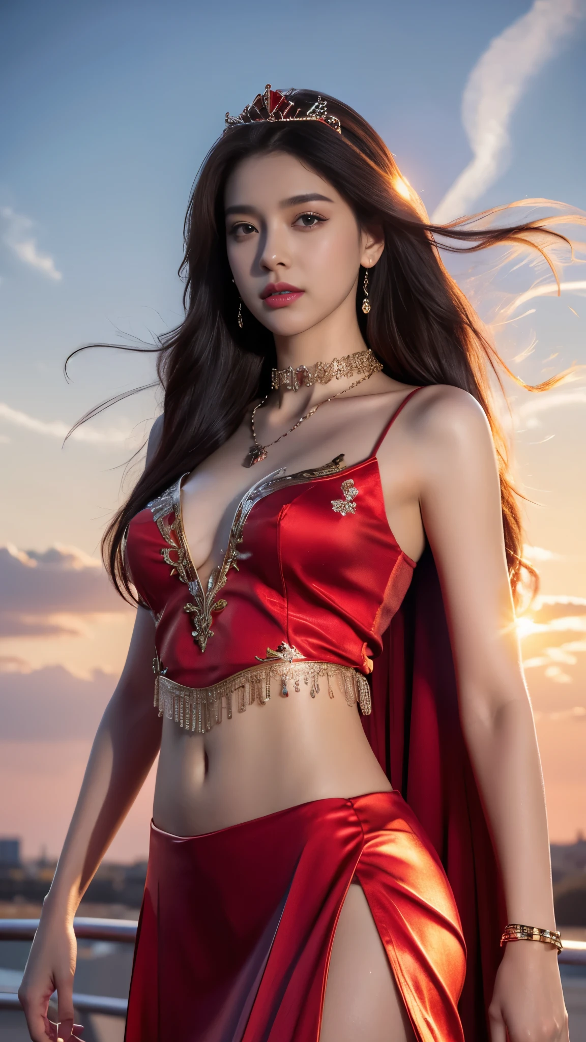 photorealistic, 1girl, ((slim body)), long hair, gradient hair, solo, detailed eyes, jewelry, bracelet, choker, small breasts, looking at viewer, realistic, necklace, (((red princess))), long skirt, thigh highs, red cape, sardine, lace, evening, sunlight, clouds, in the sky, clouds, realistic sun light,, detailed, upper body,