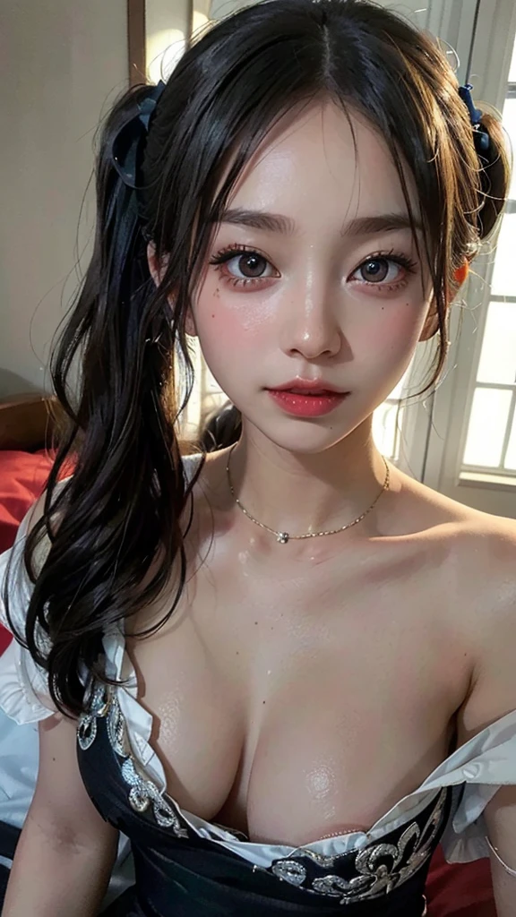 (highest quality, masterpiece:1.3), shape, ((Beautifully detailed face)), beautifully detailed skin, Intricate details, Very detailed, Best image quality in 8K, The true picture () (18 year old high school girl:レースと花のついた黒のdress,Gothic Lolita,Gothic Lolita,dress) (Large Breasts:1.2), ,A Japanese girl,Baby Face,(Detailed Hair,Twin tails:1.6,Black Hair),Detailed lips,Open your mouth,(Bedroom,Sit on the bed),blush,Embarrassing,A look of pleasure, Realistic Face,Realistic Skin,(Vibrant Skin,Moisturized Skin:1.2),Vivid lips,Lip gloss