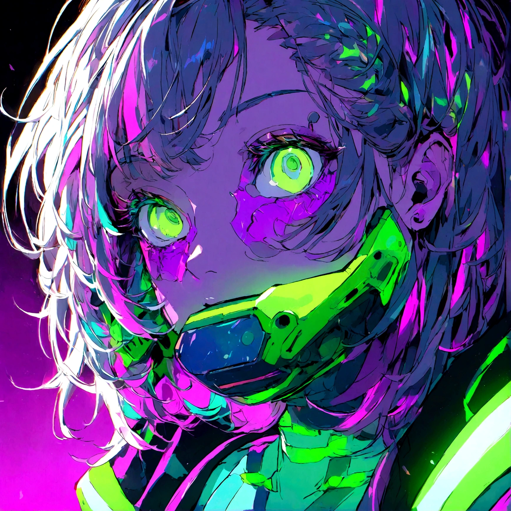 a portrait of a sexy female with cyberpunk features, has spiked multi colored hair, glowing neon lights, wearing glowing cybperunk clothing