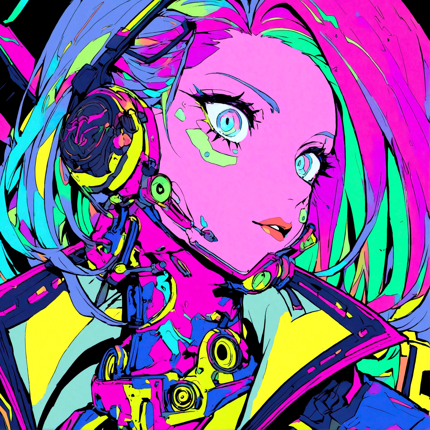Neon Dreams, (masterpiece, best quality, ultra-detailed, highres, best illustration),perfect face, ((solo, solo focus, kawaii, neon rim lighting, neon back lights )),side lighting, epic, illustration, render, volumetric lighting, welcoming, see-through gossamer, lustrous skin,(bloom), (shine),1girl, solo, breasts, animal ears, bandaid, open mouth, fake animal ears, bandaid on face, headphones, animal ear headphones, bandaid on nose, smile, looking at viewer, cat ear headphones, long hair, jacket, upper body, bangs, nail polish, pink hair, large breasts, multicolored hair, colorful, teeth, hair ornament, neon theme, neon futurism,city background <lora:Neon_Dreams:0.8>