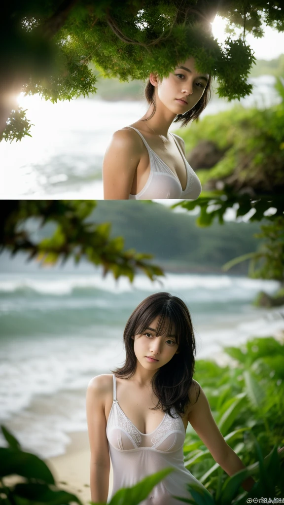 （（（（（（All Nude））））））（（（（（（（（Nipples、pubic hair））））））））、（（（（（White see-through camisole）））））1girl in,Very beautiful 16 year old Japan woman、beautidful eyes、cleavage of the breast、Night came、Severe thunder and rainstorms、the wind、cloudy ash sky、It's raining a little、Body like a model、JumpHigh-level image quality、Top image quality、Looking at the camera、Focus on the eyealdives、shores、 in the jungle、Sleeping face down on the beach