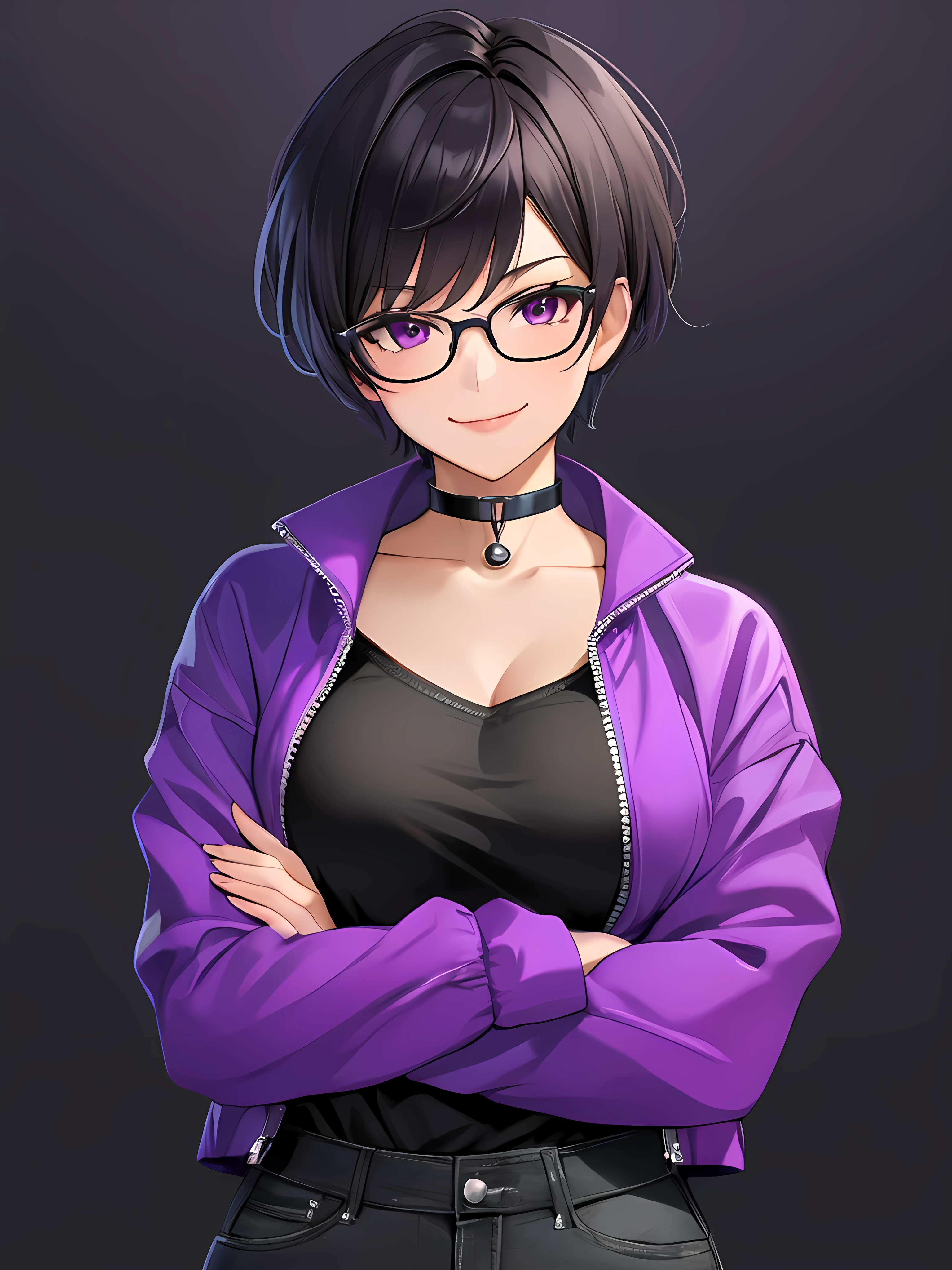 Tomboy mature girl, smart, sexy, confident, Black short hair, wearing cool black eyeglass, wearing plain black chokers, wearing short purple jacket closed zipper, wearing black long jeans, crossing arms over the chest, smirking with crossed arms.