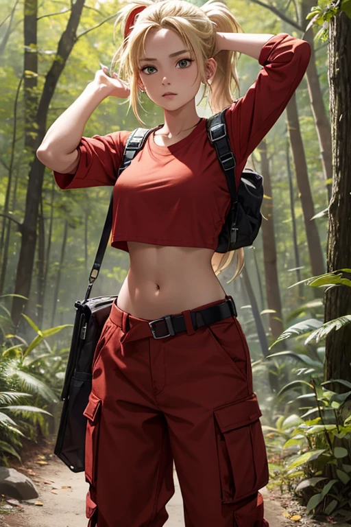 Girl wears a red cropped shirt and shows her midriff and belly button, shot cargo pants, backpack , blonde hair, ponytail hair , in forest