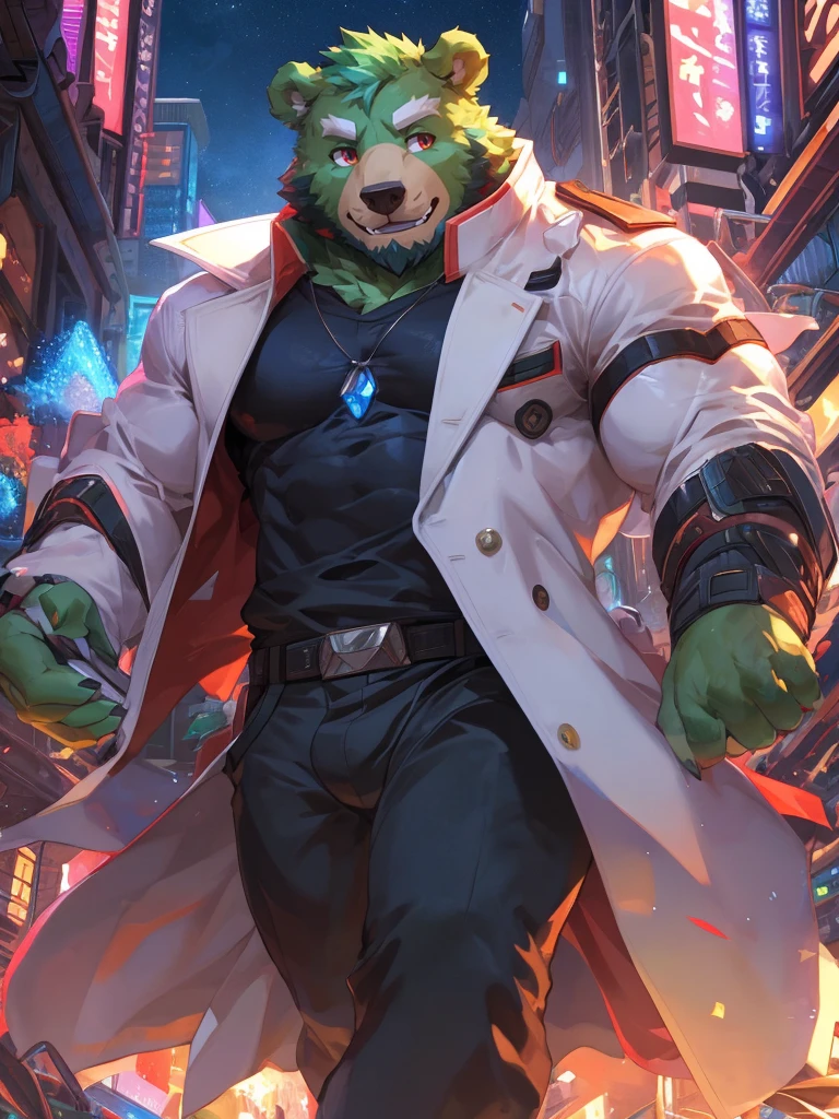 masterpiece, high quality, anime, detailed eyes, male jinpei, anthro, bear, Great physique, strong arms manly, in the Space, Walking in the city, Future city, Casual suit, (((green bear))), (((green fur))), green hair, beard, white eyebrows, bald, detailed red eyes, tall, (Rainbow Spark), Shimmering crystal flower, Joyful, (black t-shirt inside), (((white unhooded trench coat ))), by zixiong, by null-ghost, by pino daeni
