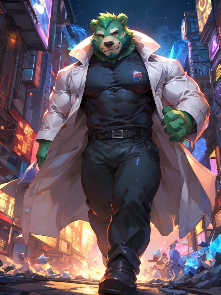 masterpiece, high quality, anime, detailed eyes, male jinpei, anthro, bear, Great physique, strong arms manly, in the Space, Walking in the city, Future city, Casual suit, (((green bear))), (((green fur))), green hair, beard, white eyebrows, bald, detailed red eyes, tall, (Rainbow Spark), Shimmering crystal flower, Joyful, (black t-shirt inside), (((white unhooded trench coat ))), by zixiong, by null-ghost, by pino daeni
