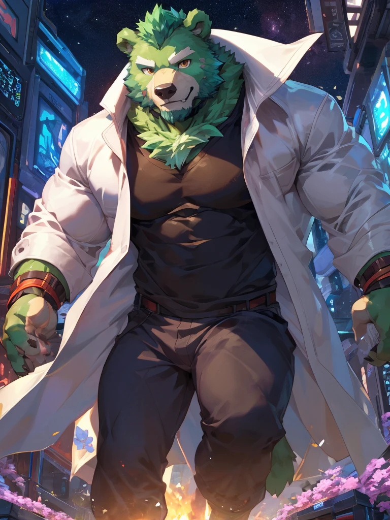 masterpiece, high quality, anime, detailed eyes, male jinpei, anthro, bear, Great physique, strong arms manly, in the Space, Walking in the city, Future city, Casual suit, (((green bear))), (((green fur))), green hair, beard, white eyebrows, bald, detailed red eyes, tall, (Rainbow Spark), Shimmering crystal flower, Joyful, (black t-shirt inside), (((white unhooded trench coat ))), by zixiong, by null-ghost, by pino daeni
