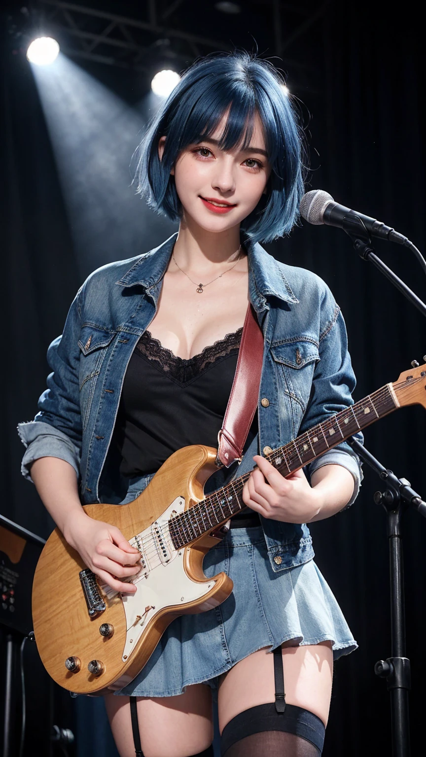 ((best quality)), photorealistic, photorealism, Photorealistic, high resolution, denim jacket、 Sexy Lace bra、Red checked knee-length skirt、Long skirt、JK Style、Jacket、smile、Knee-high socks、Thigh-high socks、pantyhose、A superb beauty、Super cute、ennui、Rare beauty、Very Short hair、Aestethic tatoo, Black Dark Eyeshadow、Sad、white skin、pale skin, Very short hair layered、Dark Gothic Makeup、Cute Smile、Fragrant beauty、Stained glass background、Mastepiece、Best Quality、Refers to 5 books、Sweat glistening on my chest、Sweat glistening on my face、Small breasts、Blue hair、Age 20 years old、Mysterious look、A sad expression、Blue Hair、mysterious gothic church、enchanting castle、Sweating profusely all over the body、A lot of sweat and light on the thighs、Shiny thighs、Plenty of sweat glistening on the thighs、A large amount of sweat glistens on my thighs、Sweating profusely、Gal、Medium breasts、beautiful face、Alluring expression、Thin thighs、Playing electric guitar、I have an electric guitar、Sing a song enthusiastically、Playing guitar in a band、Playing guitar chords、Live House Background、Sing a song、Open your mouth、Live house scenery、Mike stand、Glamorous live stage、Dynamic Angle、cinematic lighting