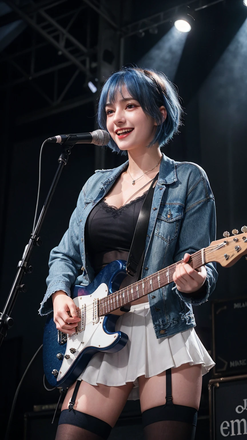 ((best quality)), photorealistic, photorealism, Photorealistic, high resolution, denim jacket、 Sexy Lace bra、Red checked knee-length skirt、Long skirt、JK Style、Jacket、smile、Knee-high socks、Thigh-high socks、pantyhose、A superb beauty、Super cute、ennui、Rare beauty、Very Short hair、Aestethic tatoo, Black Dark Eyeshadow、Sad、white skin、pale skin, Very short hair layered、Dark Gothic Makeup、Cute Smile、Fragrant beauty、Stained glass background、Mastepiece、Best Quality、Refers to 5 books、Sweat glistening on my chest、Sweat glistening on my face、Small breasts、Blue hair、Age 20 years old、Mysterious look、A sad expression、Blue Hair、mysterious gothic church、enchanting castle、Sweating profusely all over the body、A lot of sweat and light on the thighs、Shiny thighs、Plenty of sweat glistening on the thighs、A large amount of sweat glistens on my thighs、Sweating profusely、Gal、Medium breasts、beautiful face、Alluring expression、Thin thighs、Playing electric guitar、I have an electric guitar、Sing a song enthusiastically、Playing guitar in a band、Playing guitar chords、Live House Background、Sing a song、Open your mouth、Live house scenery、Mike stand、Glamorous live stage、Dynamic Angle、cinematic lighting