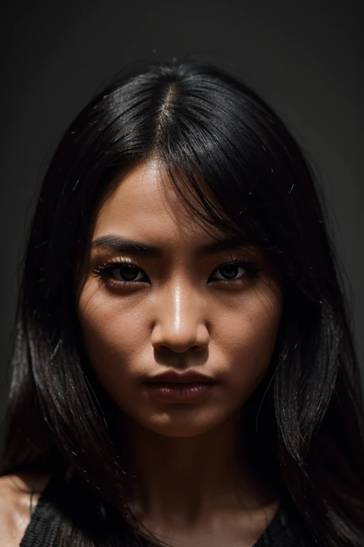 beautiful asian woman, straight black hair, cold gaze, possessed by ancient fertility goddess Guoyuu, detailed eyes, detailed face, detailed portrait, intricate details, 1girl, dramatic lighting, cinematic, dark moody atmosphere, dark fantasy, surreal, muted colors, chiaroscuro, gothic, mystical, ethereal, (best quality,4k,8k,highres,masterpiece:1.2),ultra-detailed,(realistic,photorealistic,photo-realistic:1.37)