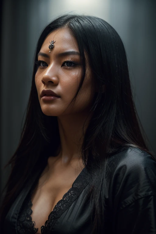 beautiful asian woman, straight black hair, cold gaze, possessed by ancient fertility goddess Guoyuu, detailed eyes, detailed face, detailed portrait, intricate details, 1girl, dramatic lighting, cinematic, dark moody atmosphere, dark fantasy, surreal, muted colors, chiaroscuro, gothic, mystical, ethereal, (best quality,4k,8k,highres,masterpiece:1.2),ultra-detailed,(realistic,photorealistic,photo-realistic:1.37)