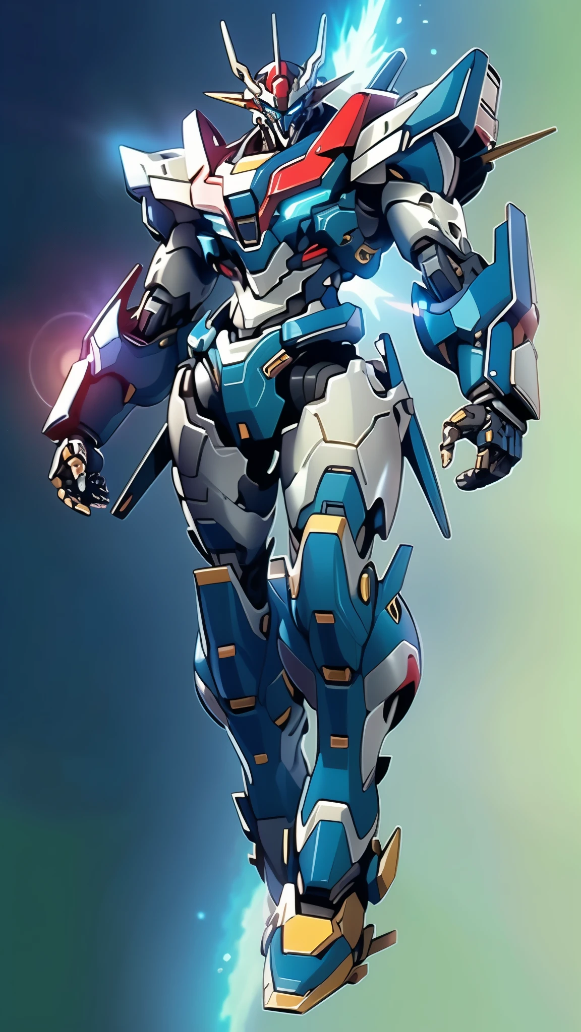 Humanoid Mecha, fully enclosed shoulder guards, matching arm and leg guards, full body, full armor, the design balances heavy with agility, (the color scheme is primarily white with red and blue accents, the concept Inspired by Super robot, organic biotech armor, standing, floating high above the futuristic sci-fi city), exquisite and mature art style, (aura effect, energy, glowing eyes, the armor glows), ((SRS)), metallic, dynamic, dramatic, high definition, best quality, highres, ultra-detailed, ultra-fine painting, extremely delicate, professional, perfect body proportions, anatomically correct, symmetrical face, extremely detailed eyes and face, high quality eyes, creativity, RAW photo, UHD, 32k, Natural light, cinematic lighting, masterpiece-anatomy-perfect, masterpiece:1.5