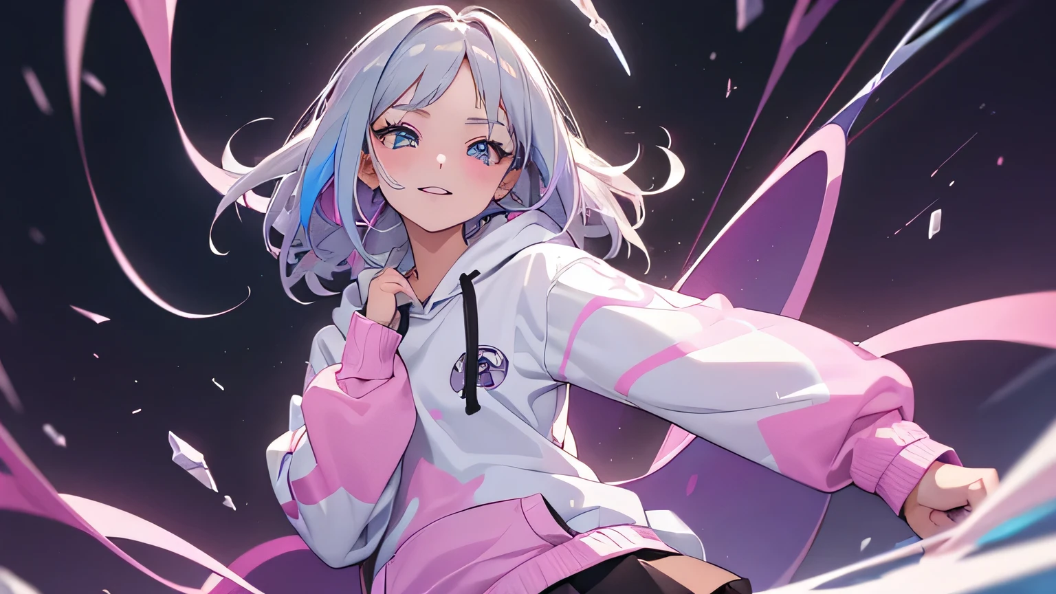 ((Masterpiece)), ((best quality)), (Anime:1.3), (super detail:1.2), (High Definition:1.3), (Professional Photography:1.3), ((12 years old)), cute young Girl, Glossy unruly hair, (loose swept bangs), (silver ash hair), medium hair, big eyes, (Eye bags:1.3), (Long eyelashes), colorful eyes, (evil smile and blush), Glossy lips, (jagged teeth), farewell, ((hoodie with oversized)), barearms, cute, (Gazing Skyward), (colorful:1.3), gothic makeup, (wearing headphone),wild spirit, neon pastel colors, hoodie, mini skirt, strong wind, scars, stickers, nymph, cool, beautiful, dancer, pretty, Celtic, maniac, facing the camera