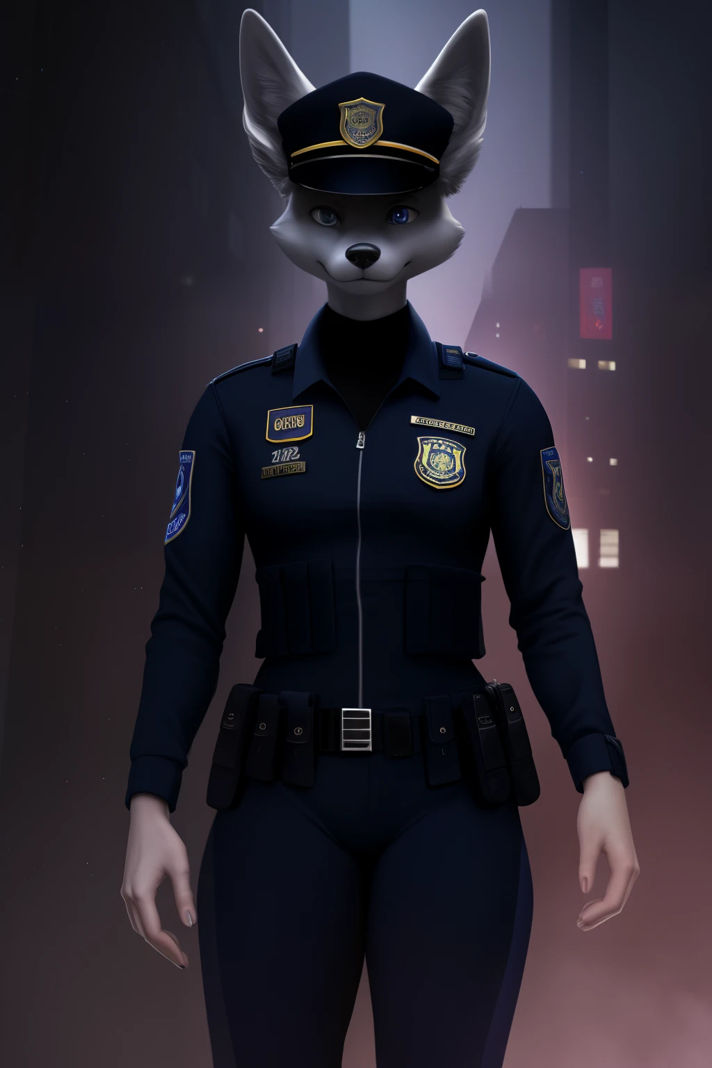 A high-definition, ultra-detailed full-size portrait of a lifelike anthro canine in a police uniform, presented in an astounding 32k resolution (UHD-S2). The meticulously crafted details showcase the canine's sleek, uniformed body with a shiny badge fastened to the chest. With a serious, focused expression, the canine's eyes are accentuated by the polished, realistic reflections of streetlights.

The background is a moody, atmospheric blend of soft, blue streetlights illuminating a deserted urban alleyway, shrouded in a light mist. The police canine's ears perk