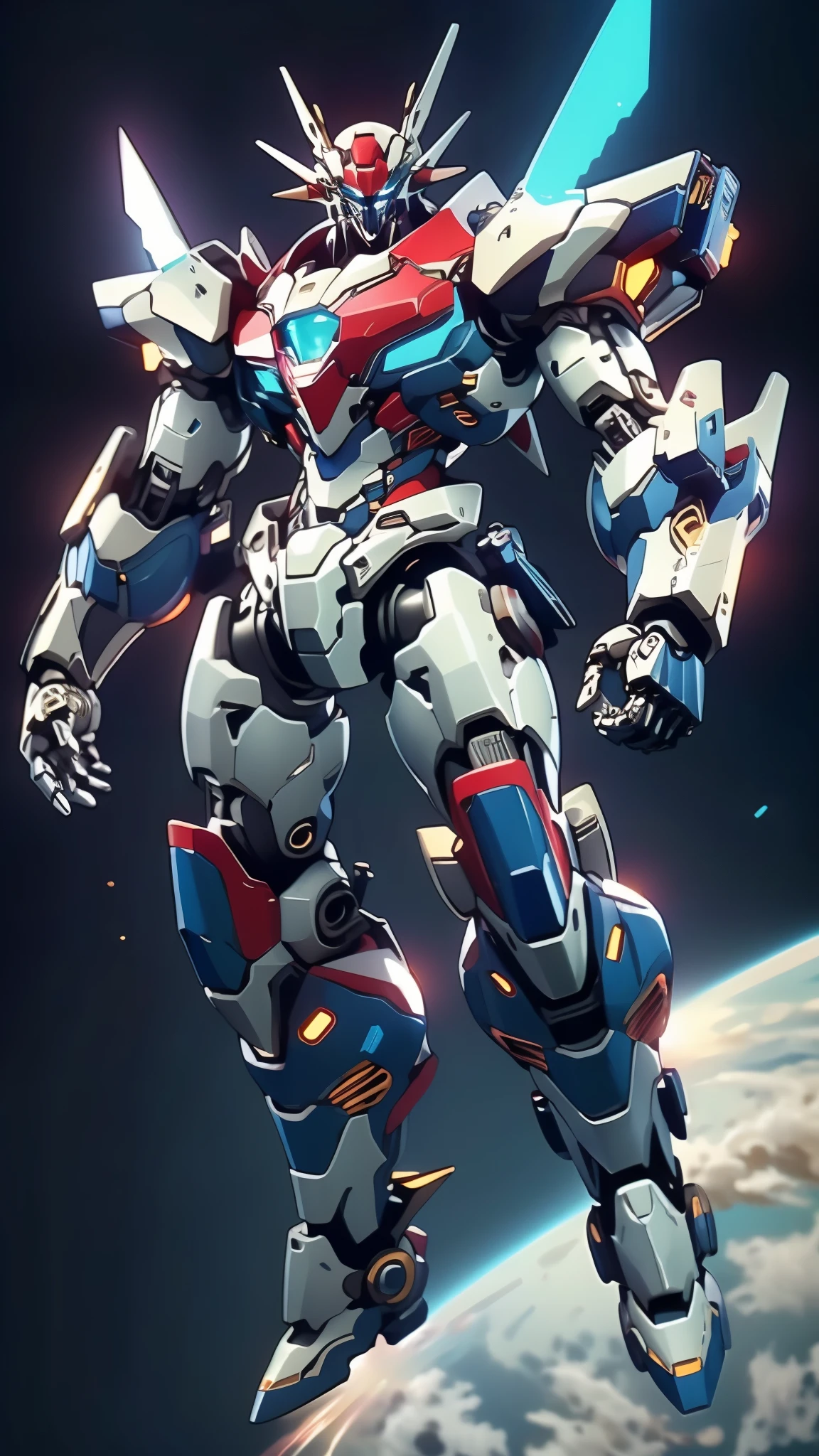 Humanoid Mecha, fully enclosed shoulder guards, matching arm and leg guards, full body, full armor, the design balances heavy with agility, (the color scheme is primarily white with red and blue accents, the concept Inspired by Super robot, organic biotech armor, standing, floating high above the futuristic sci-fi city), exquisite and mature art style, (aura effect, energy, glowing eyes, the armor glows), ((SRS)), metallic, dynamic, dramatic, high definition, best quality, highres, ultra-detailed, ultra-fine painting, extremely delicate, professional, perfect body proportions, anatomically correct, symmetrical face, extremely detailed eyes and face, high quality eyes, creativity, RAW photo, UHD, 32k, Natural light, cinematic lighting, masterpiece-anatomy-perfect, masterpiece:1.5