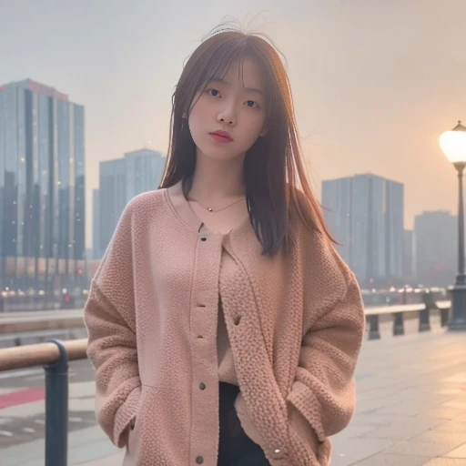 individual,Hands in pockets,Mix 4,(8k, original photo, best quality, masterpiece:1.2), (Practical, photo-Practical:1.37),A girl,Lovely,city View, night, rain, wet, Professional lighting, Photon Mapping, Radiosity, Physically Based Rendering,bust