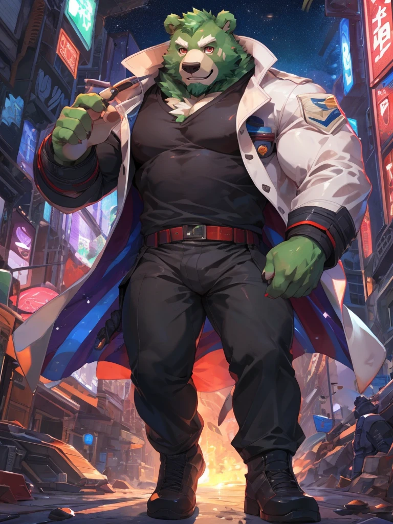 masterpiece, high quality, anime, detailed eyes, male jinpei, anthro, bear, Great physique, strong arms manly, in the Space, Walking in the city, Future city, Casual suit, (((green bear))), (((green fur))), green hair, beard, white eyebrows, bald, detailed red eyes, tall, (Rainbow Spark), Shimmering crystal flower, Joyful, (black t-shirt inside), (((white unhooded trench coat ))), black trousers, military shoes, by zixiong, by null-ghost, by pino daeni