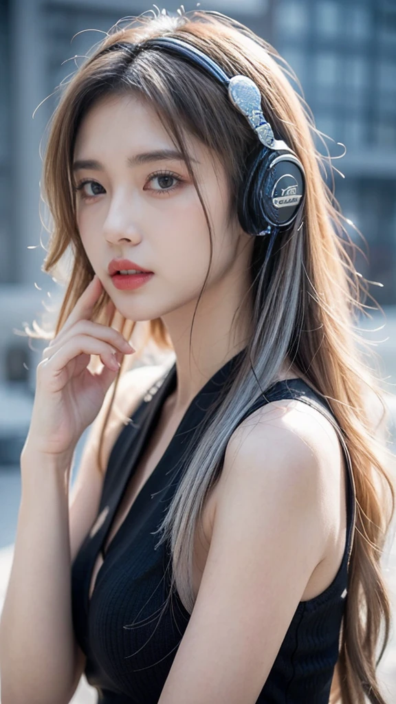 arafed woman with headphones on and finger on lips, artwork in the style of guweiz, realistic anime 3 d style, anime style. 8k, style anime, beautiful anime style, anime vibes, realistic anime art style, guweiz, realistic anime artstyle, anime style, anime inspired, anime realism style, perfect white haired girl, with headphones