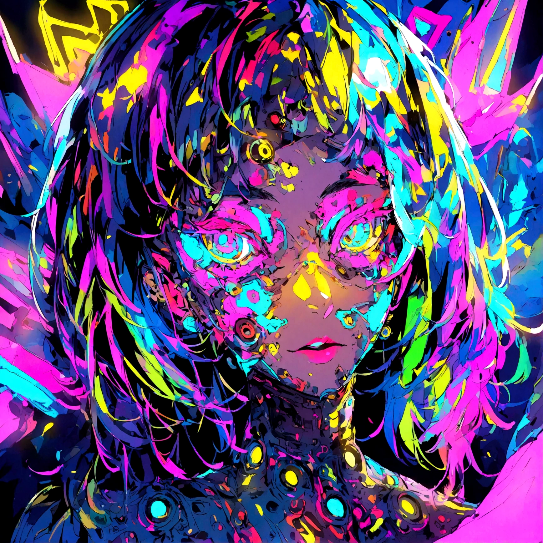 a portrait of a sexy female with cyberpunk features, has spiked multi colored hair, glowing neon lights, wearing glowing cybperpunk clothing