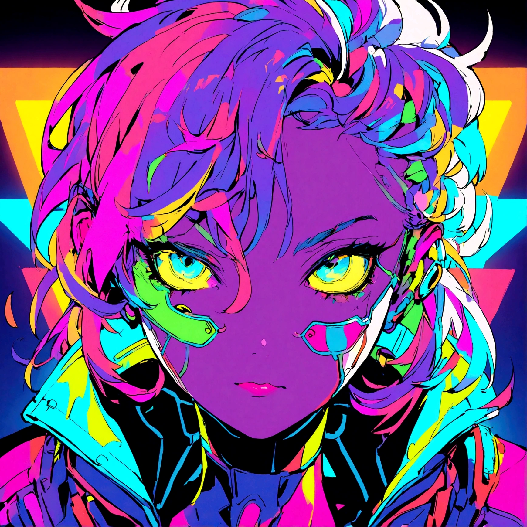 a portrait of a sexy female with cyberpunk features, has spiked multi colored hair, glowing neon lights, wearing glowing cybperpunk clothing