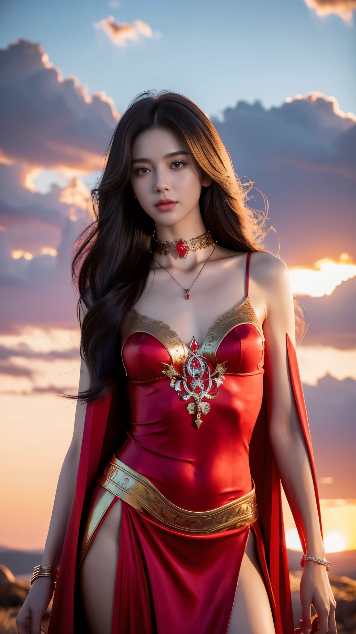 photorealistic, 1girl, ((slim body)), long hair, gradient hair, solo, detailed eyes, jewelry, bracelet, choker, small breasts, looking at viewer, realistic, necklace, (((red princess))), long skirt, thigh highs, red cape, sardine, lace, evening, sunlight, clouds, in the sky, clouds, realistic sun light,, detailed, upper body,