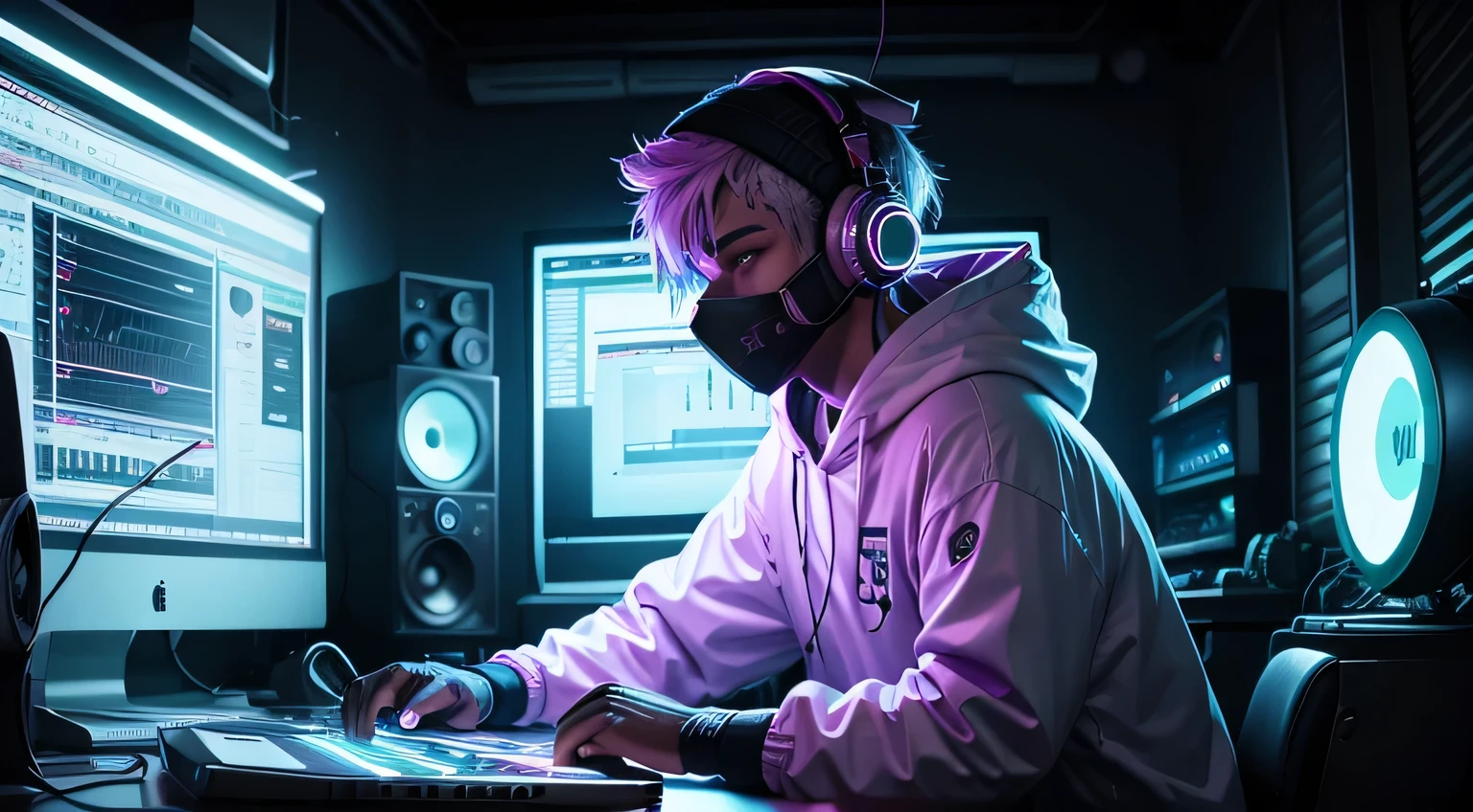 A beatmaker with a mask wearing headphones in a homestudio, fundo escuro, cores neon