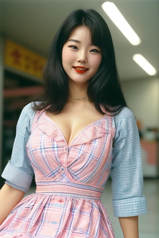 Seoul, 1982, A young korean beautiful girl, 22-year-old, sexy girl, strikingly beautiful, black hair, big breasts, delicate facial features, porcelain skin, red lips, expressive eyes, ((awe and joy expression)), show viewer,Looking at the front,erotic,(She is wearing a pink and light blue plaid dress:1.7)、(Clothing that emphasizes the shape of your chest:1.8), whole body, korean woman, ((hairstyle of the 1980s)), ((pin up style)), radio city、(I can see your knees、spread your legs wide、close up of thighs:1.5), super fine, full body,