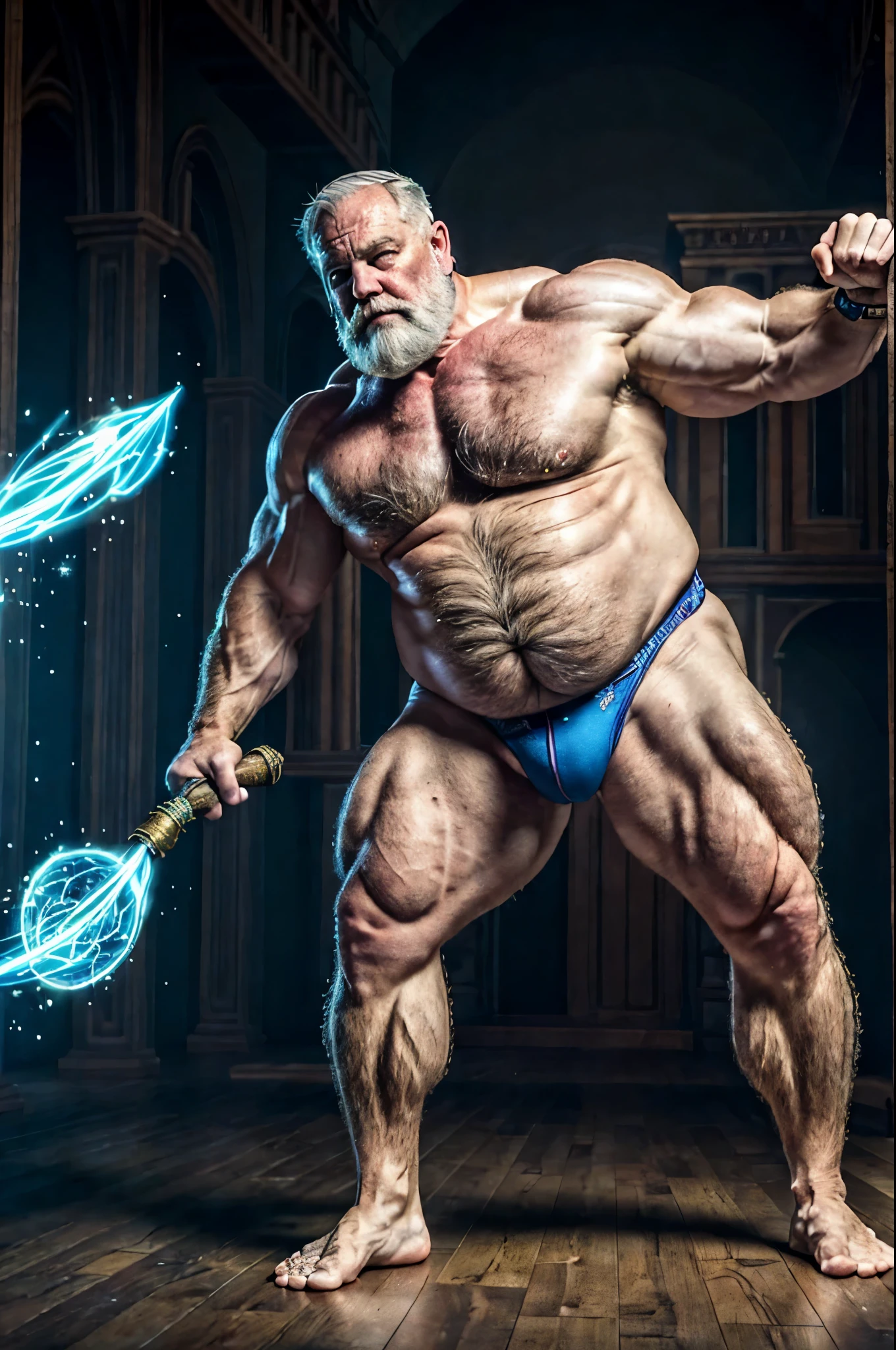 intricate details, high definition, vivid colors, particle effect, mature old man, grandpa, virile, tough, fat, plump, bulging muscles, massive feet, hairy, scruffy, pale skin, micro thong, bright adornments, sorcerer, palace