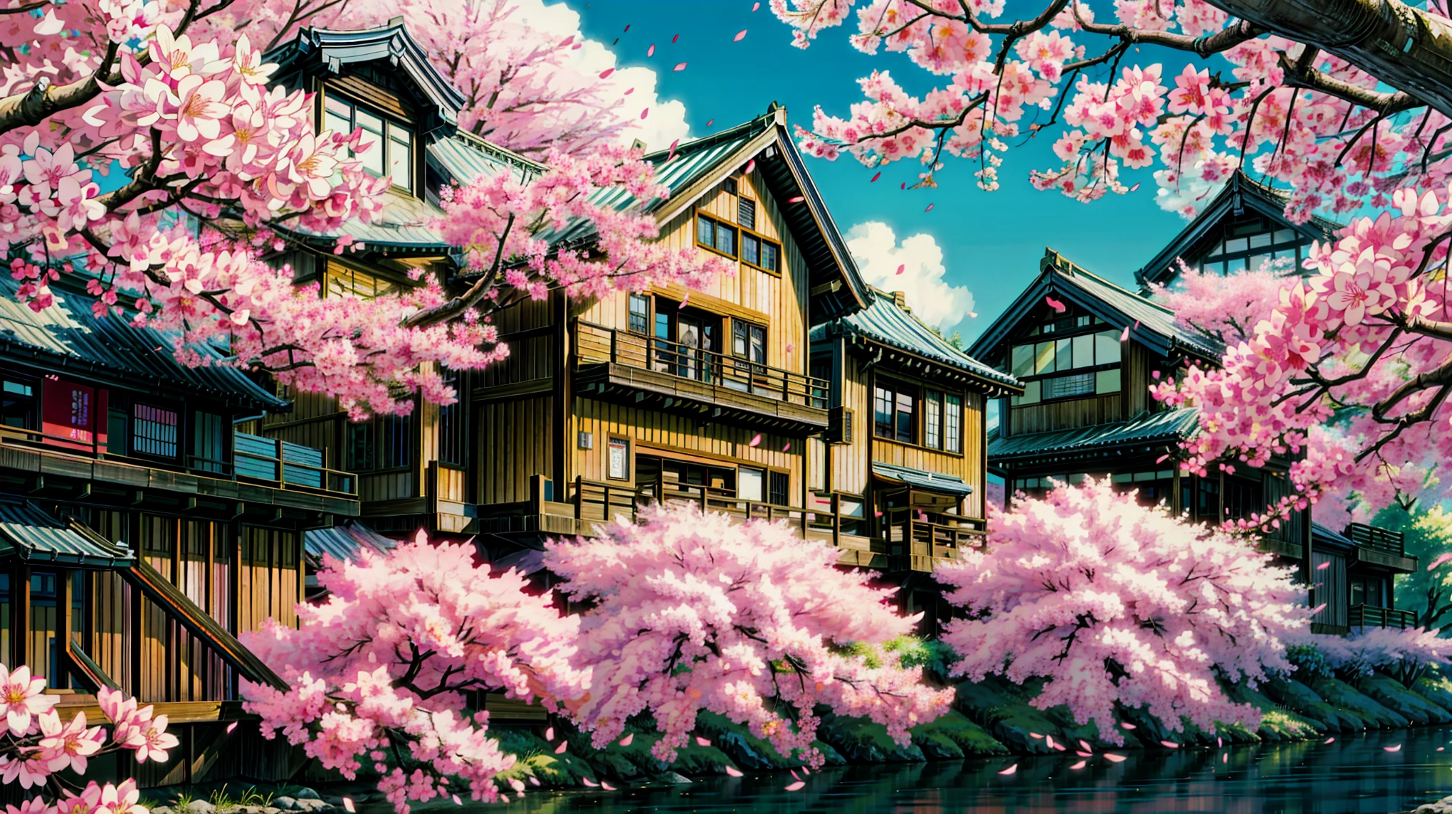 Painting of a tree and pink flowers in front of a building, Cherry blossom background, Cherry Blossoms Falling, Cherry Blossom Season, Cherry blossom trees in the background, spring season city, japan night, Tokyo Background, ( rich and colorful ), by somi, author:Torii Kiyomitsu, Kiyomoto Torii, Tokyo at night, author:Chi Dahe, 4k HD,, Beautiful art UHD 4K, A beautiful artistic illustration, Beautiful digital painting, Highly detailed digital painting, Beautiful digital artwork, Detailed painting 4k, Very detailed numbers, The colors are brilliant and rich, Gorgeous numbers