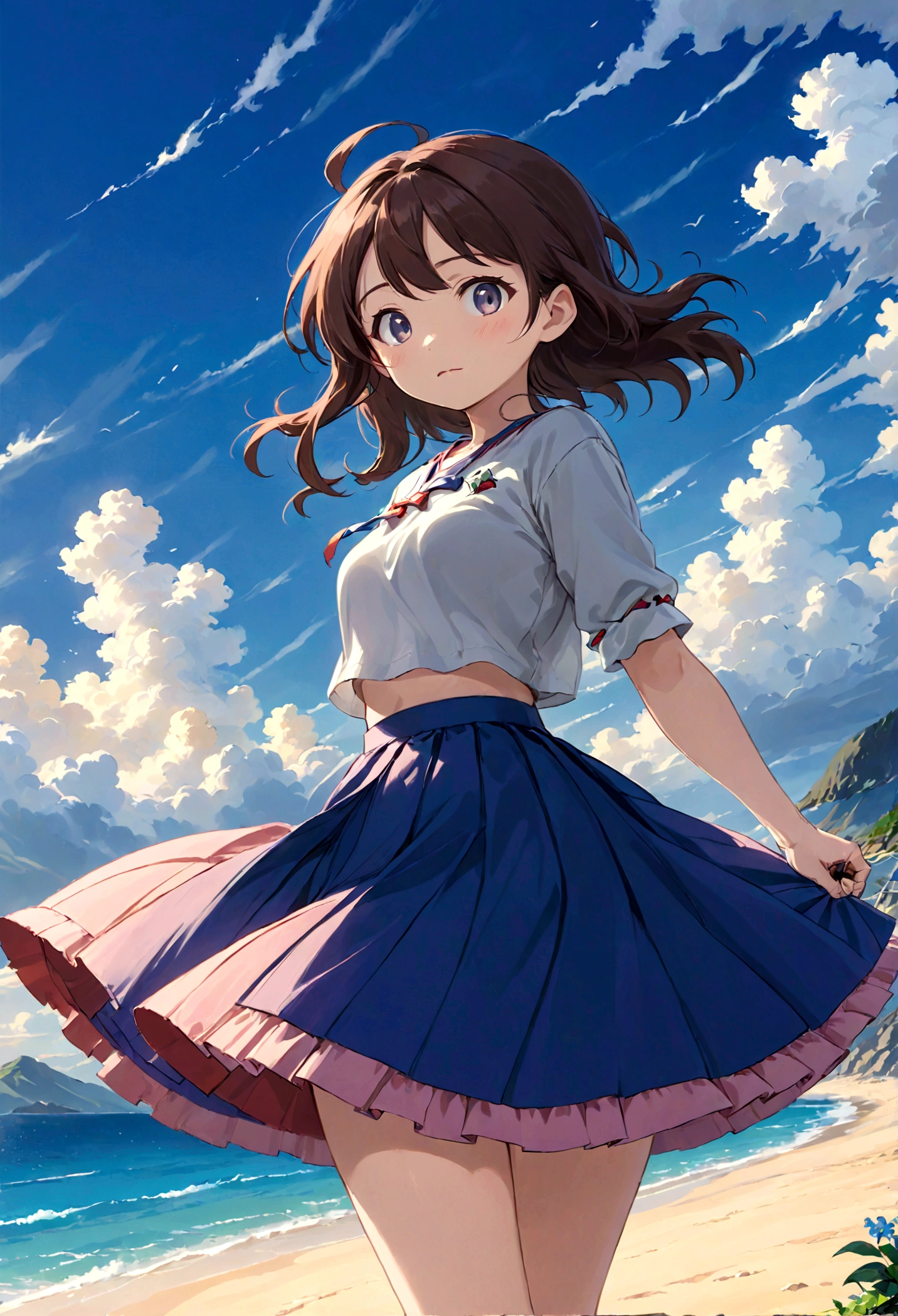 Low - Angle、Long skirt、強WindでHolding the flipping skirt with your hand、強WindでWhite cotton pantiesが見えている、:((Holding the flipping skirt with your hand))Low - Angle8Kで、highest quality、masterpiece、Ultra-detailed、Ultra-high resolution、Anime Style、1. High school girl、強Wind、((Holding the flipping skirt with your hand))、(impatient)White cotton panties:1.5), (Wind:1.25), (highest quality:1.0), (masterpiece:1.0), (Ultra-fine illustrations:1.0), ネイビーブルーのLong skirt、
、Lined、