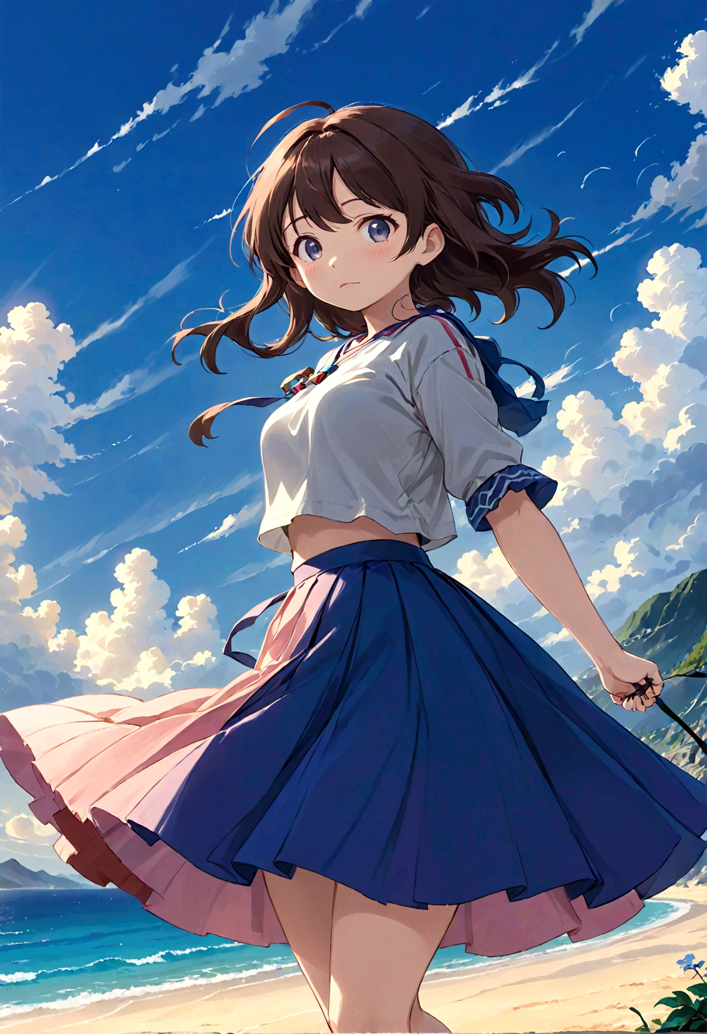 Low - Angle、Long skirt、強WindでHolding the flipping skirt with your hand、強WindでWhite cotton pantiesが見えている、:((Holding the flipping skirt with your hand))Low - Angle8Kで、highest quality、masterpiece、Ultra-detailed、Ultra-high resolution、Anime Style、1. High school girl、強Wind、((Holding the flipping skirt with your hand))、(impatient)White cotton panties:1.5), (Wind:1.25), (highest quality:1.0), (masterpiece:1.0), (Ultra-fine illustrations:1.0), ネイビーブルーのLong skirt、
、Lined、