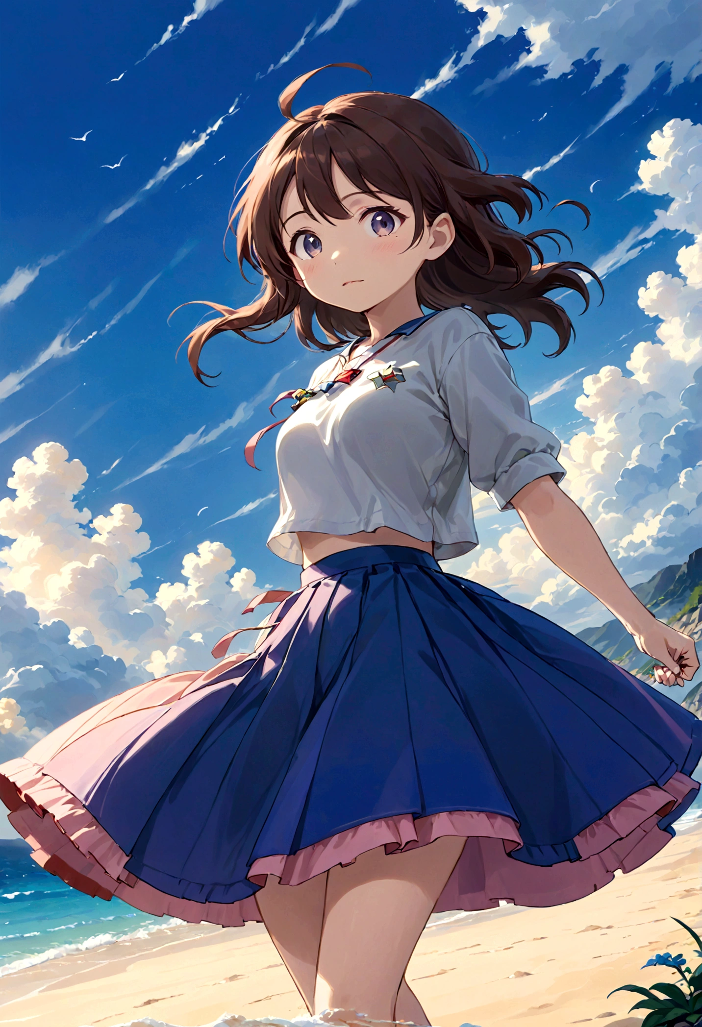 Low - Angle、Long skirt、強WindでHolding the flipping skirt with your hand、強WindでWhite cotton pantiesが見えている、:((Holding the flipping skirt with your hand))Low - Angle8Kで、highest quality、masterpiece、Ultra-detailed、Ultra-high resolution、Anime Style、1. High school girl、強Wind、((Holding the flipping skirt with your hand))、(impatient)White cotton panties:1.5), (Wind:1.25), (highest quality:1.0), (masterpiece:1.0), (Ultra-fine illustrations:1.0), ネイビーブルーのLong skirt、
、Lined、