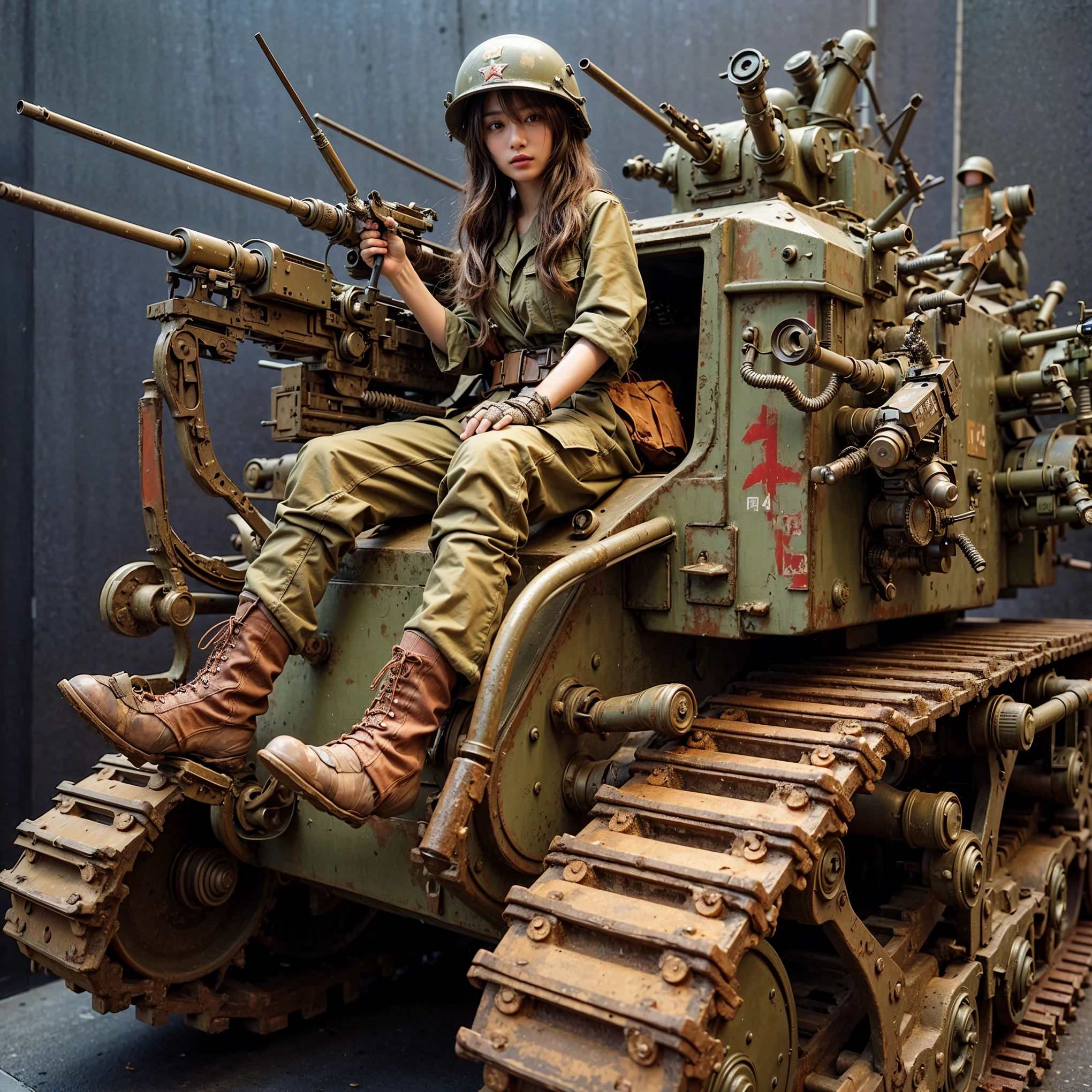 ((super intricate all details)),((super realistic all textures)),Overall photo of a female soldier sitting on a piece of fictional WWII Japanese military type weapon, beautiful face, dirty clothes, very intricate details, olive drab paint, peeling paint, weathering, rust, taken with Fuji film X-T30+Nokton. HDR10