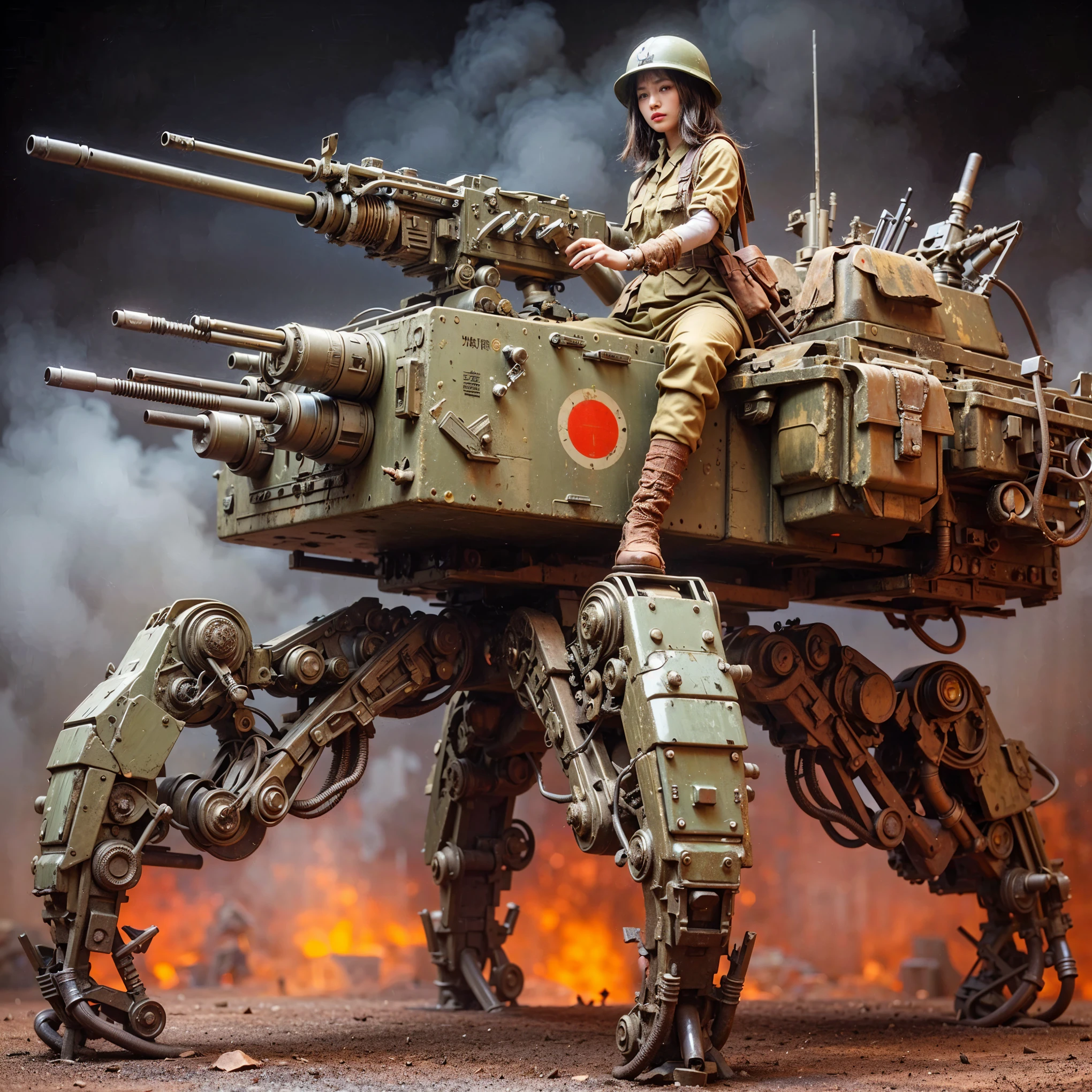 ((super intricate all details)),((super realistic all textures)),Overall photo of a female soldier sitting on a piece of fictional WWII Japanese military type weapon, beautiful face, dirty clothes, very intricate details, olive drab paint, peeling paint, weathering, rust, taken with Fuji film X-T30+Nokton. HDR10