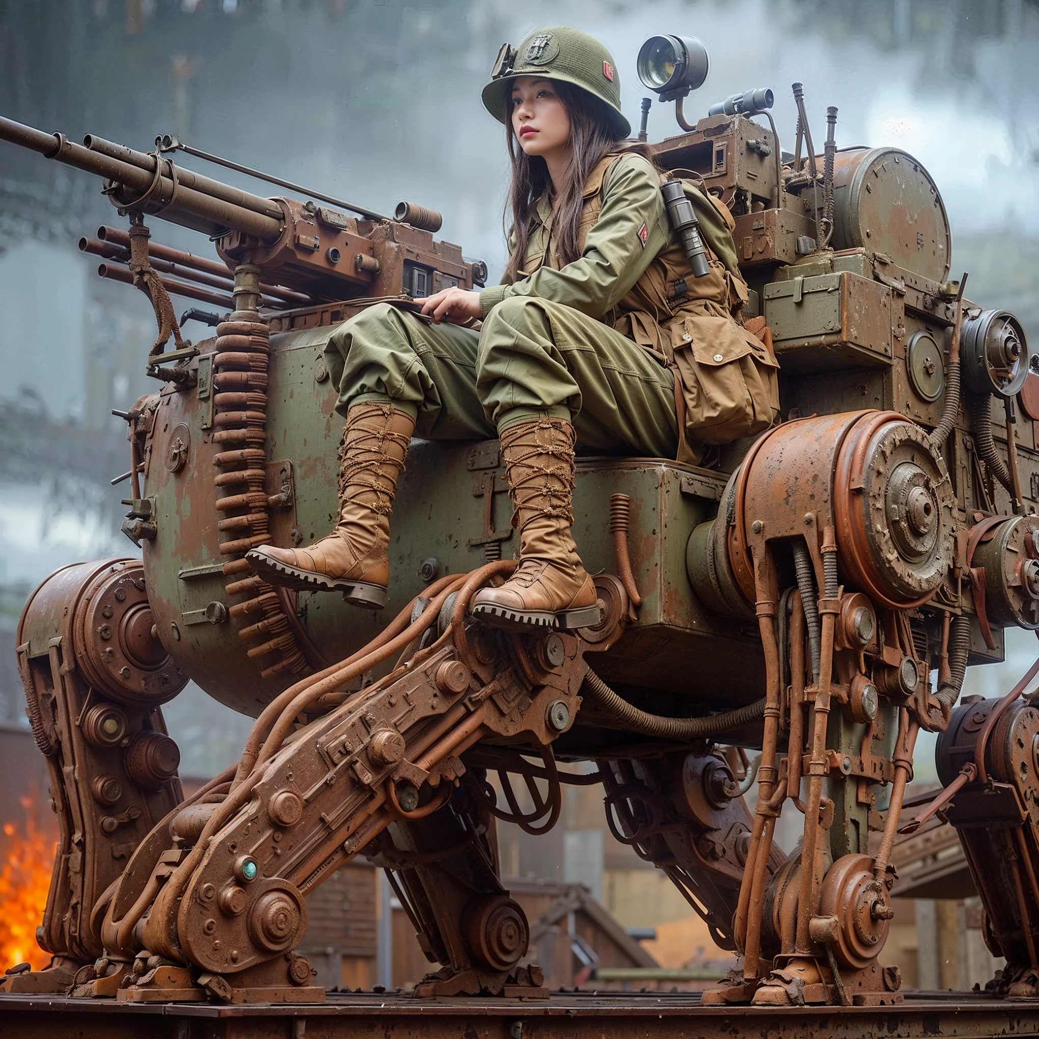 ((super intricate all details)),((super realistic all textures)),Overall photo of a female soldier sitting on a piece of fictional WWII Japanese military type weapon, beautiful face, dirty clothes, very intricate details, olive drab paint, peeling paint, weathering, rust, taken with Fuji film X-T30+Nokton. HDR10