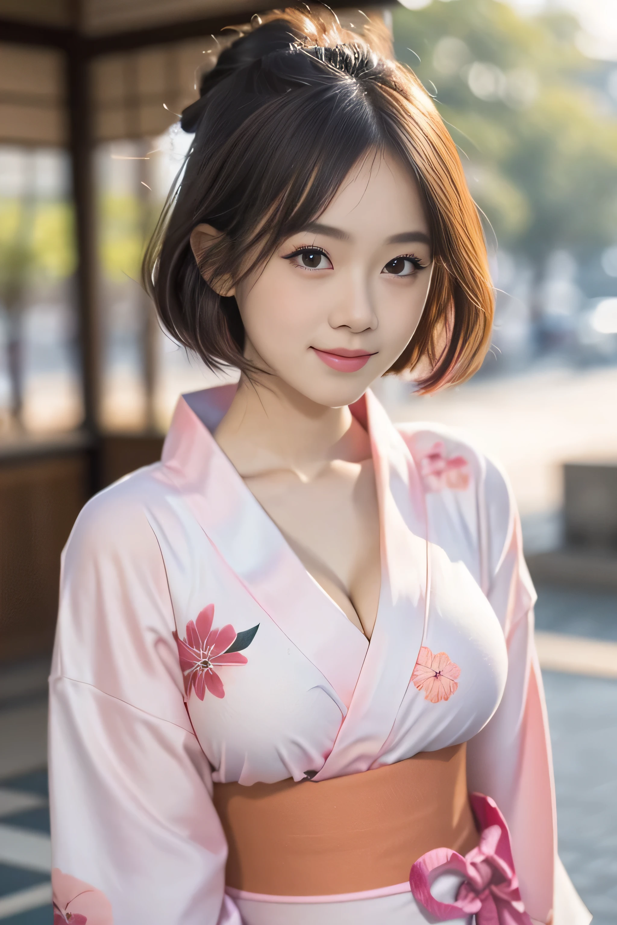 (8k、Raw photo、highest quality、masterpiece:1.2),(long bob cut),looking at the viewer,Looking at the front,y pose, strong,eroudent,white skin,knees,absurd,small face,Part the front hair from the center、I can see the forehead,(please be shy,tight eyes,glare,strong,skinny,skinny,get annoyed)、masterpiece,highest quality、超A high resolution,one person, solo,close up shot、cute、Return to student,(Neat pink-based floral pattern yukata:1.5),high school girl,japanese woman,standing,(Photoreal:1.37)、photon mapping,realistic、cutesmall face,brown eyes、prospect、Depth of the bounds written、blurred background、picture,girls、(I can see the front hair), hair, I can see the knees,thin clothing,, thigh,Nogizaka Idol, actress、natural breasts、c、Super fperson、(Skin with visible pores:1.2)、(focus on face)、Check and correct garment structure, (Large Breasts:1.2),
