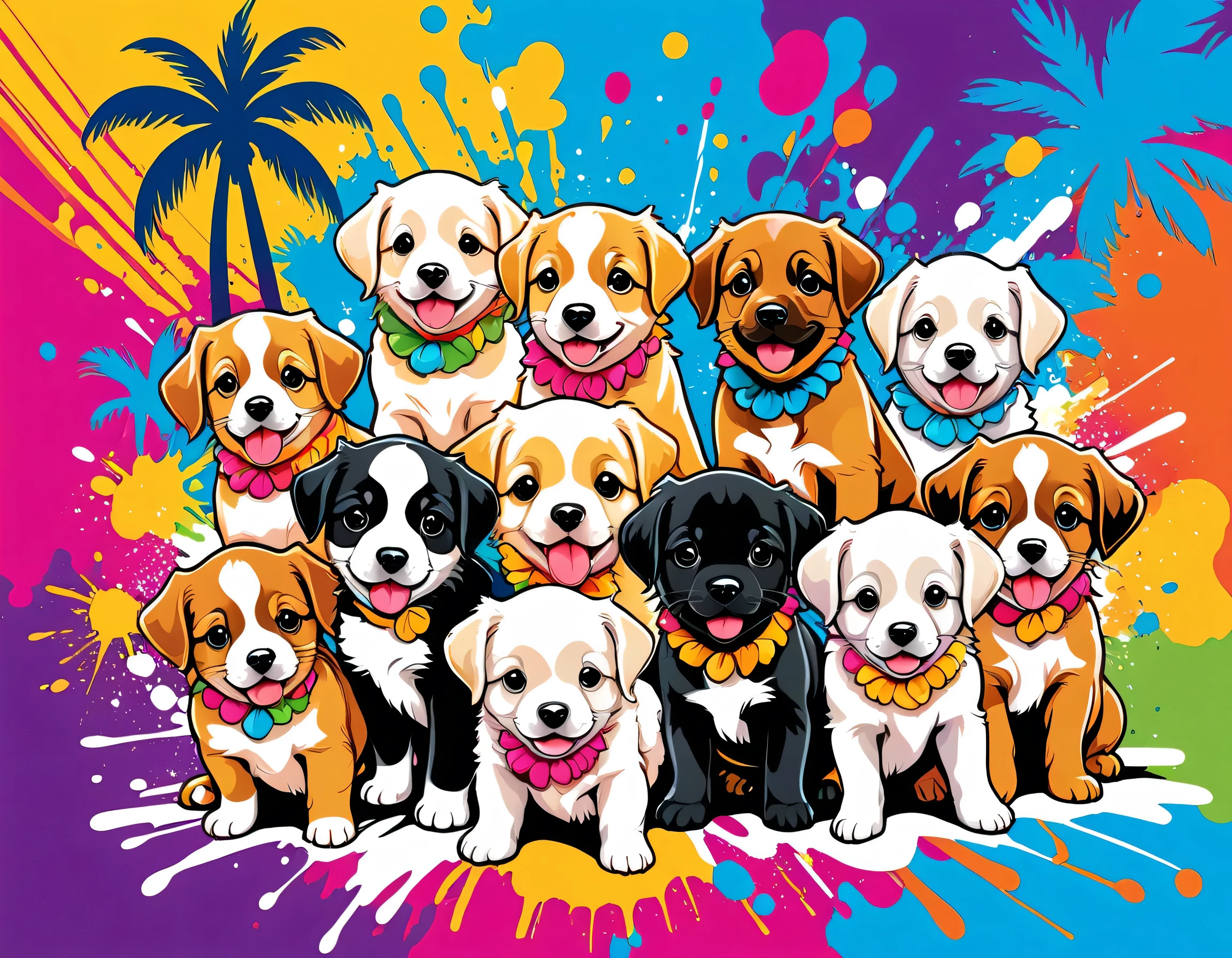 Komugiko 2000 Style, Vector Art, Colorful illustration with lots of cute puppys, In the center, Vibrant colors, Paint splatters and stains, High Detail,Hawaiian style background