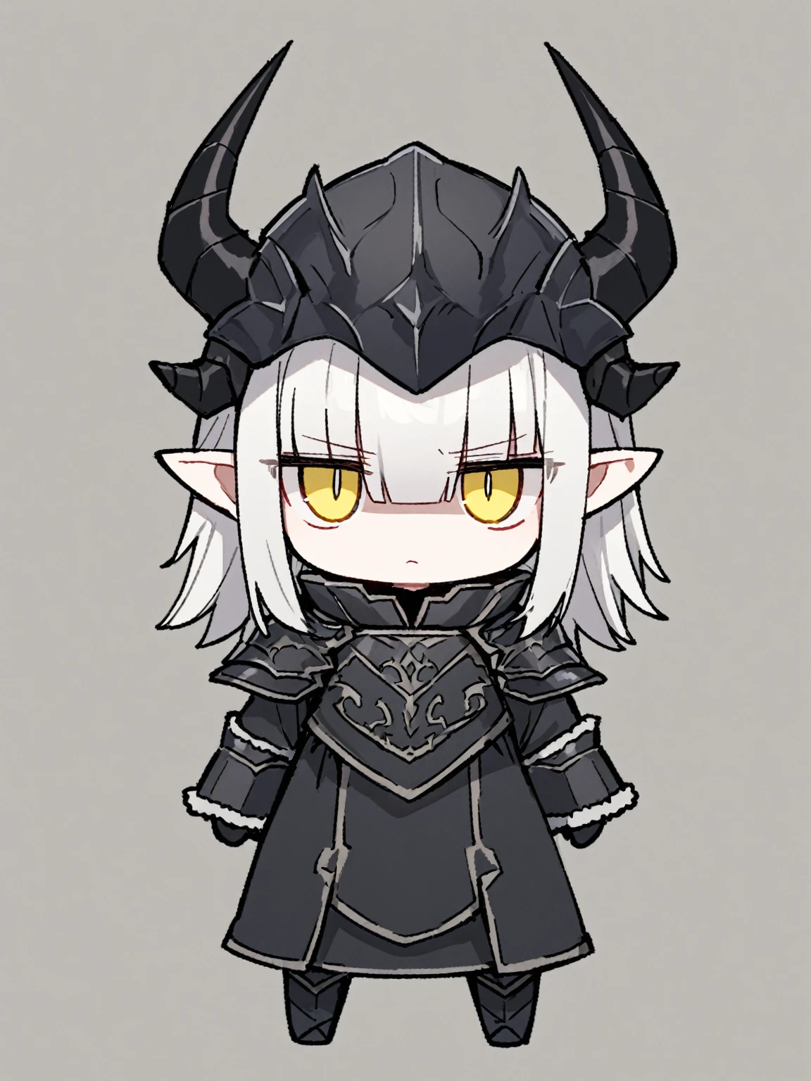 {{{kame (kamepan44231), full body, no humans, chibi, jitome, fumo (doll)}}}, straight-on, looking at viewer, medieval fantasy, solo, blank background, white background, short white hair, blunt bangs, hair between eyes, yellow eyes, tsurime, pointy ears, sharp pupils, black horns, black armor blue cape, white fur trim, black gloves, two horns, black shoulder armor, black overcoat, long sleeves, tsundere, serious, black armored dress,