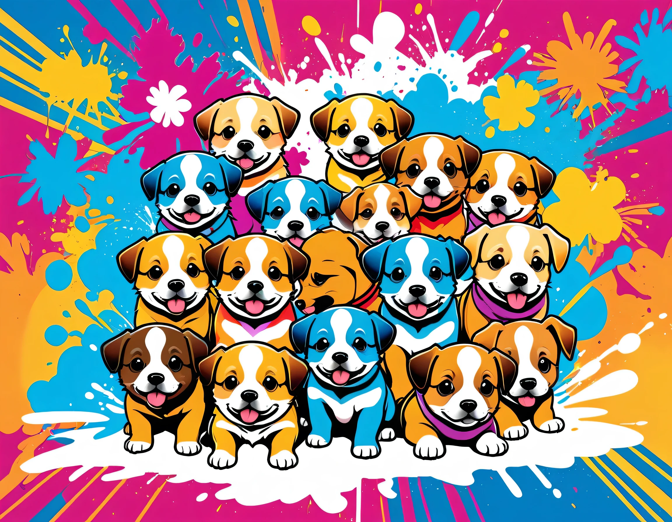 Komugiko 2000 Style, Vector Art, Colorful illustration with lots of cute puppys, In the center, Vibrant colors, Paint splatters and stains, High Detail,Hawaiian style background